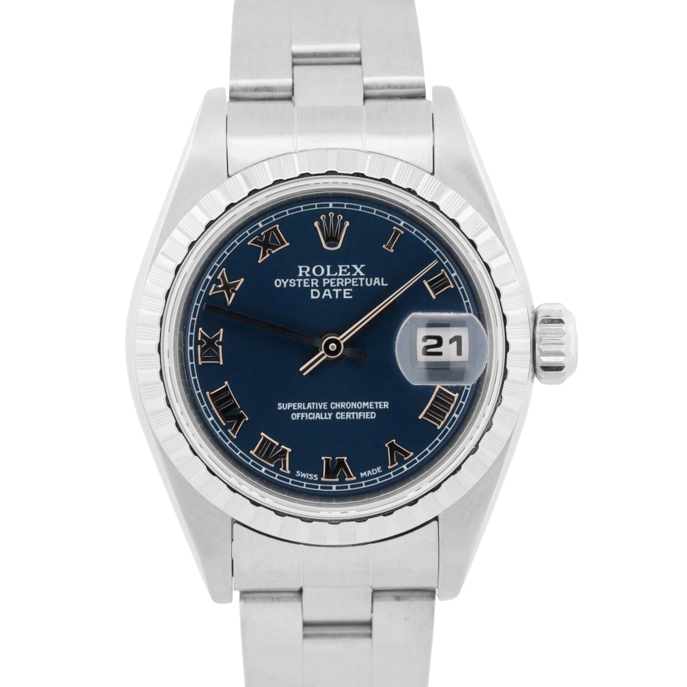 PAPERS Ladies Rolex DateJust BLUE ROMAN 26mm Engine-Turned Steel 79240 Watch BOX