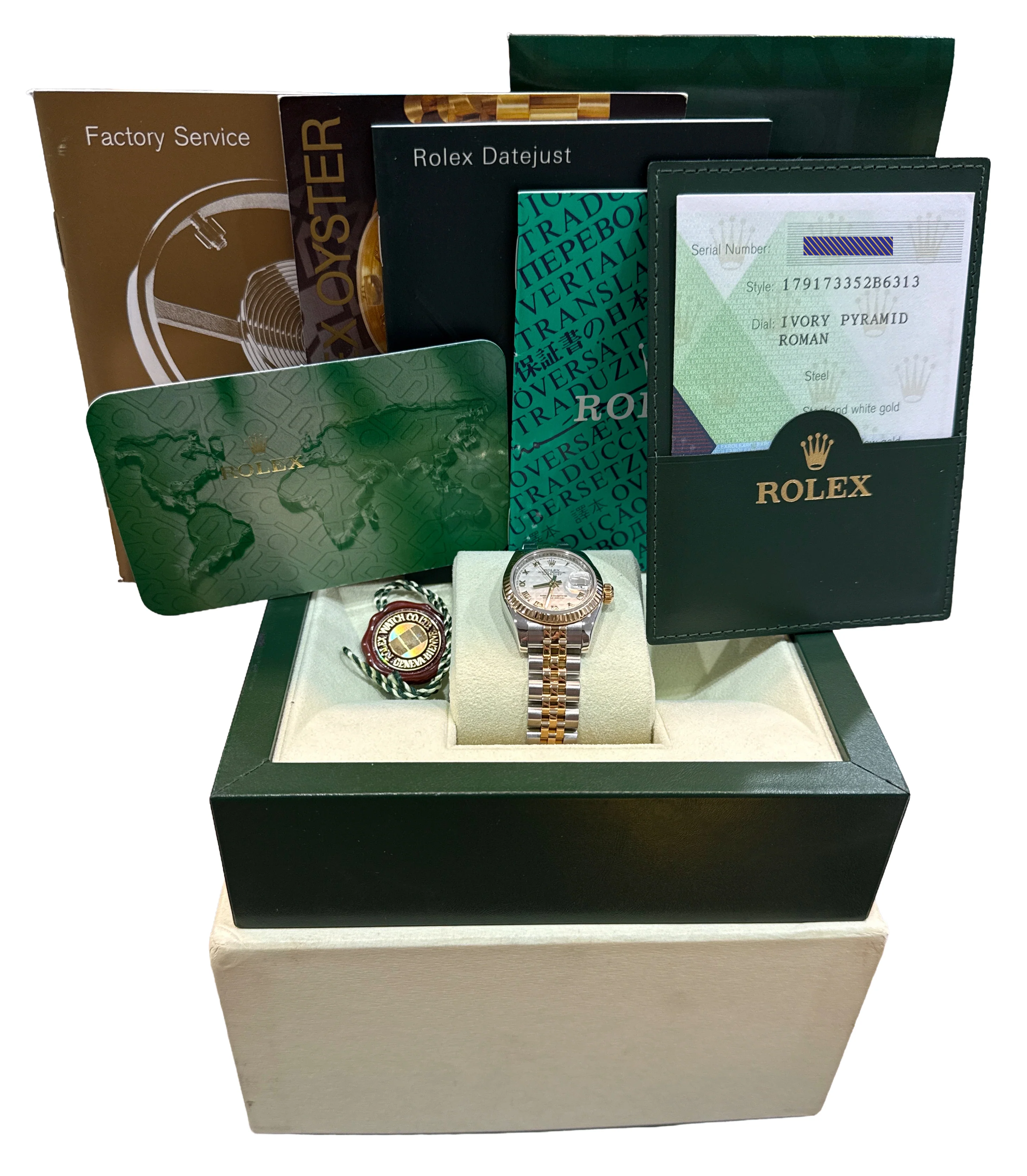 PAPERS Ladies Rolex DateJust IVORY PYRAMID ROMAN 18K 26mm JUBILEE 179173 BOX - Image 2