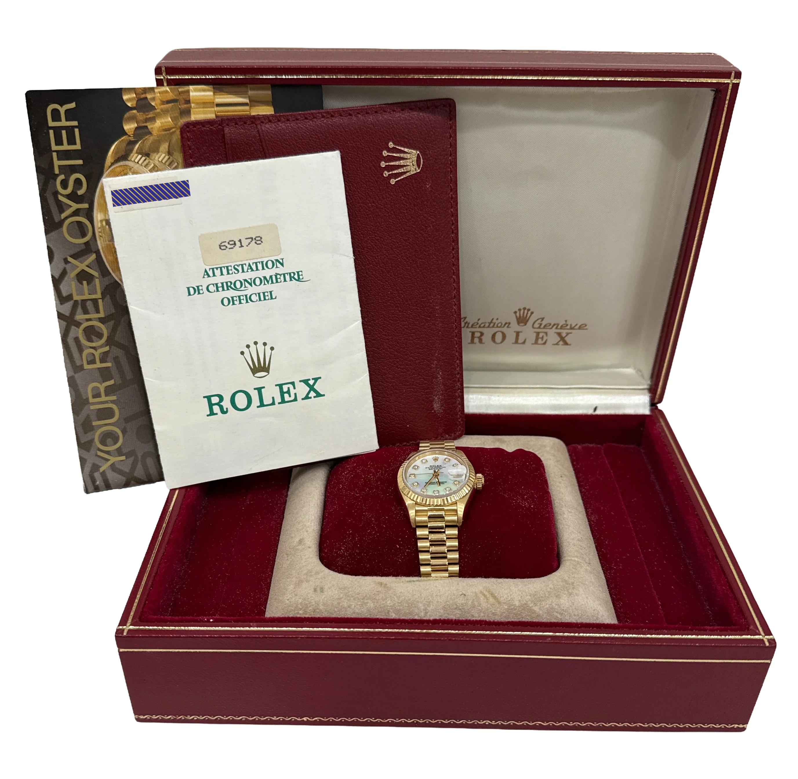 PAPERS Ladies Rolex DateJust President 26mm MOP DIAMOND 18K Gold 69178 BOX - Image 2