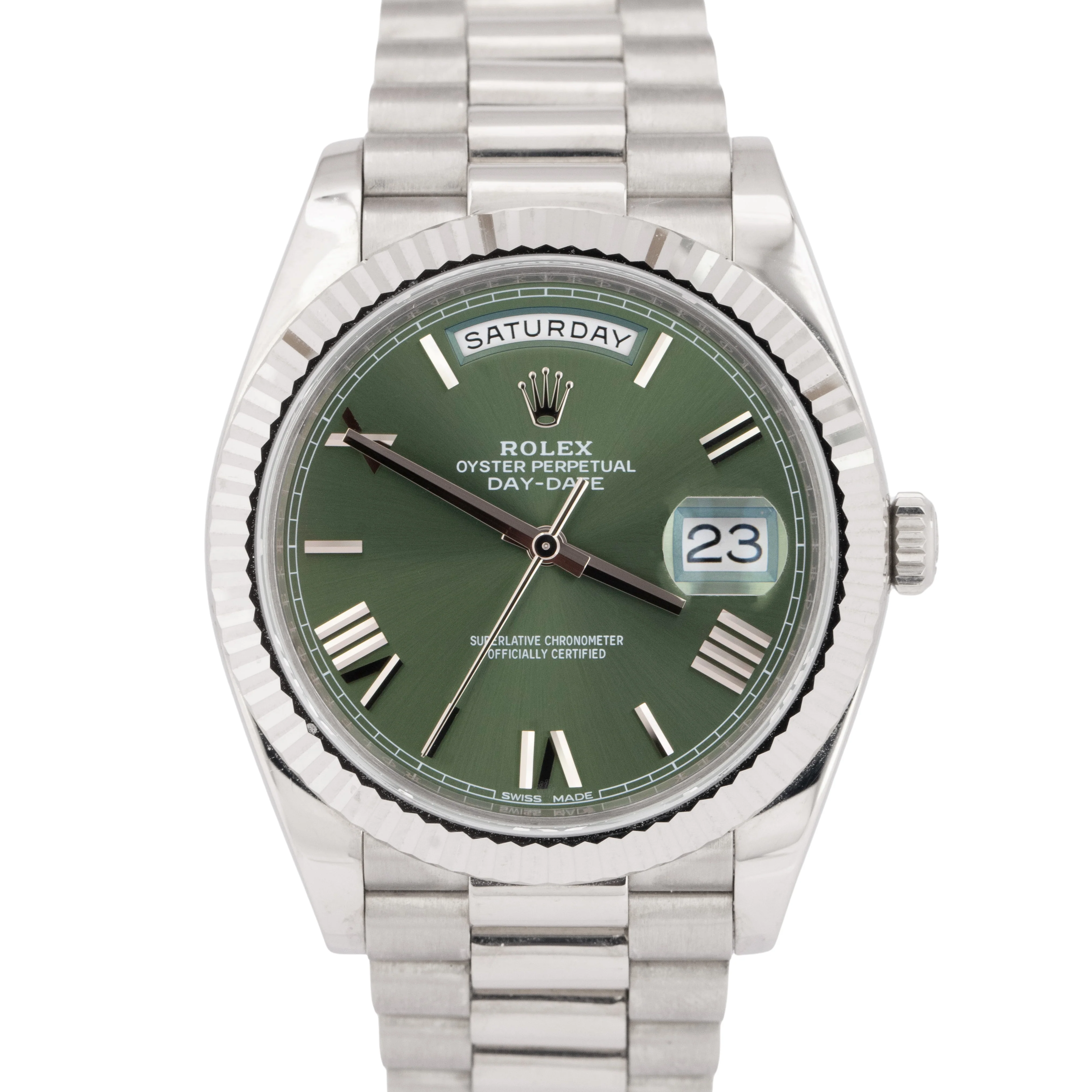 PAPERS MINT Rolex Day-Date 40mm OLIVE Green White Gold President 18K 228239 BOX