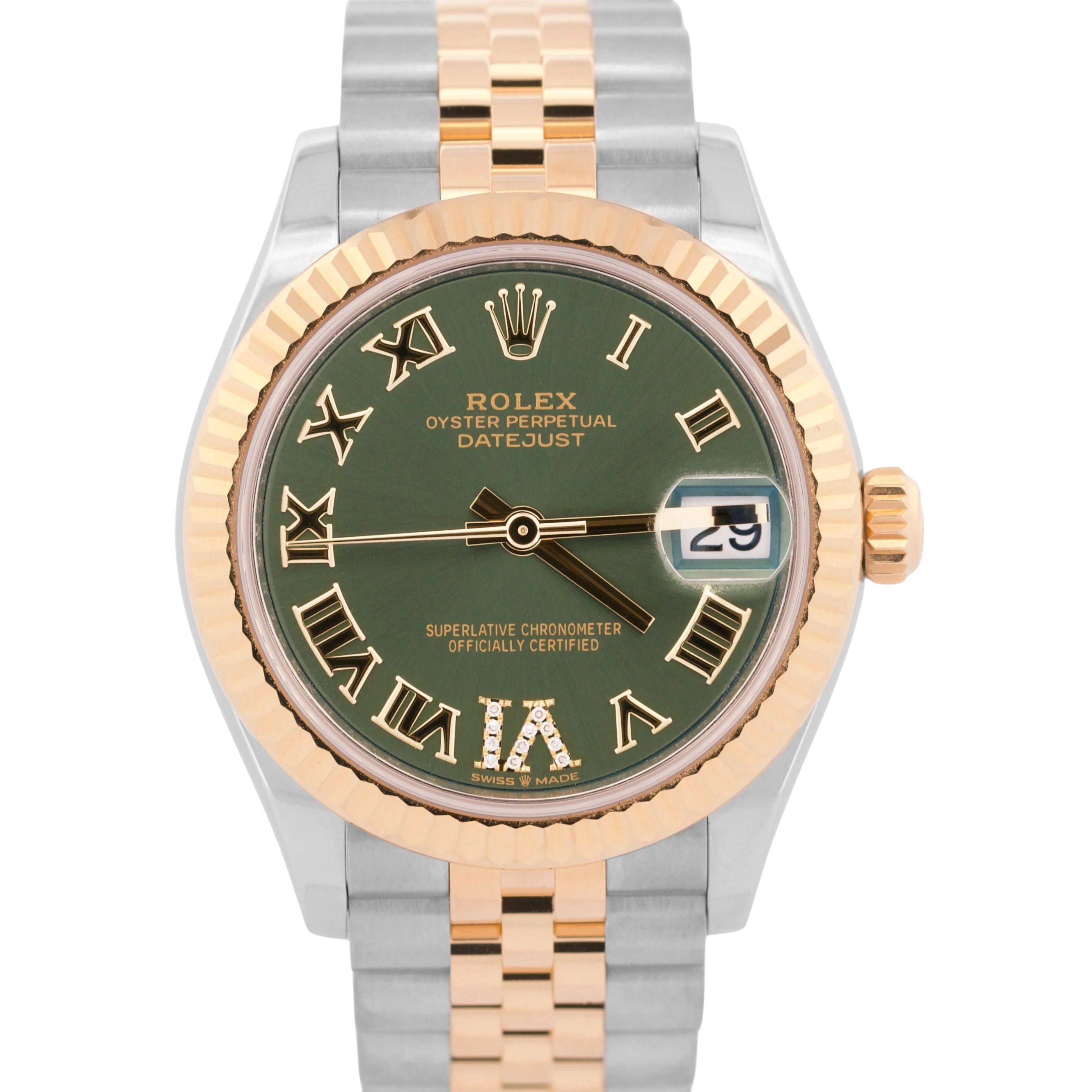 PAPERS Rolex Datejust 31mm 18k Steel GREEN ROMAN DIAMOND Jubilee 278273 BOX