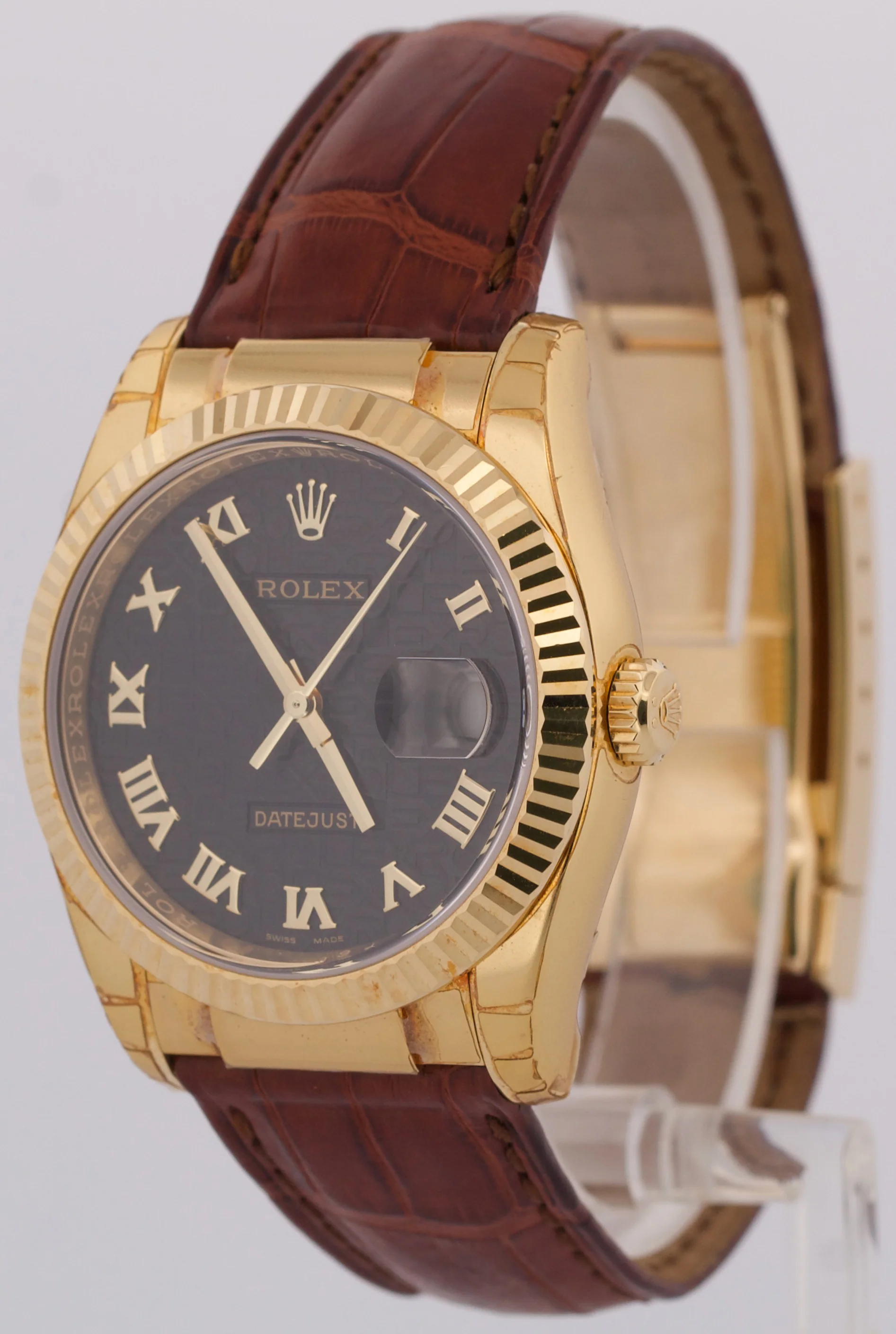PAPERS Rolex DateJust 36mm BLACK JUBILEE ROMAN 18K Gold Leather Watch 116138 BOX - Image 3