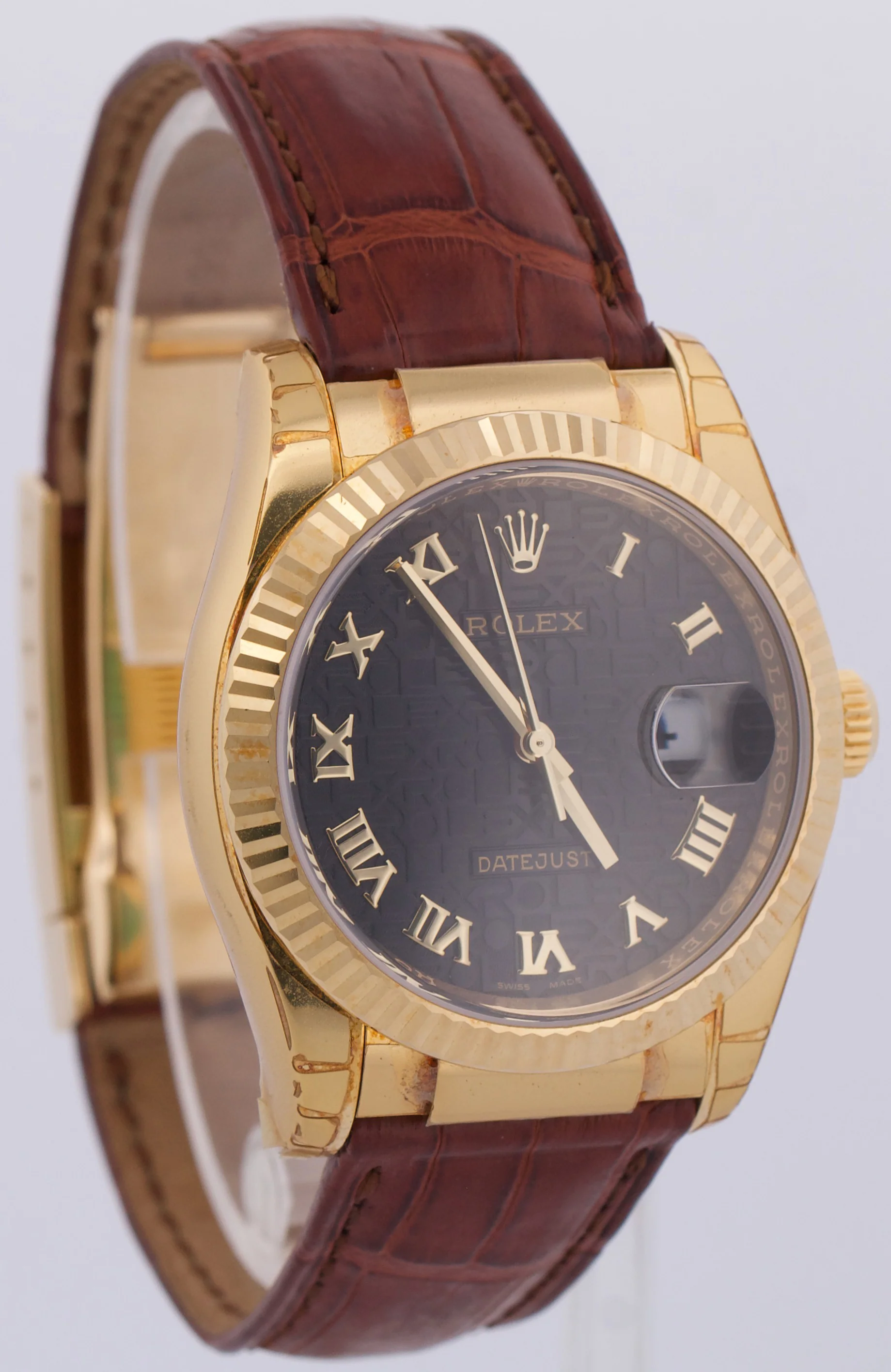 PAPERS Rolex DateJust 36mm BLACK JUBILEE ROMAN 18K Gold Leather Watch 116138 BOX - Image 4