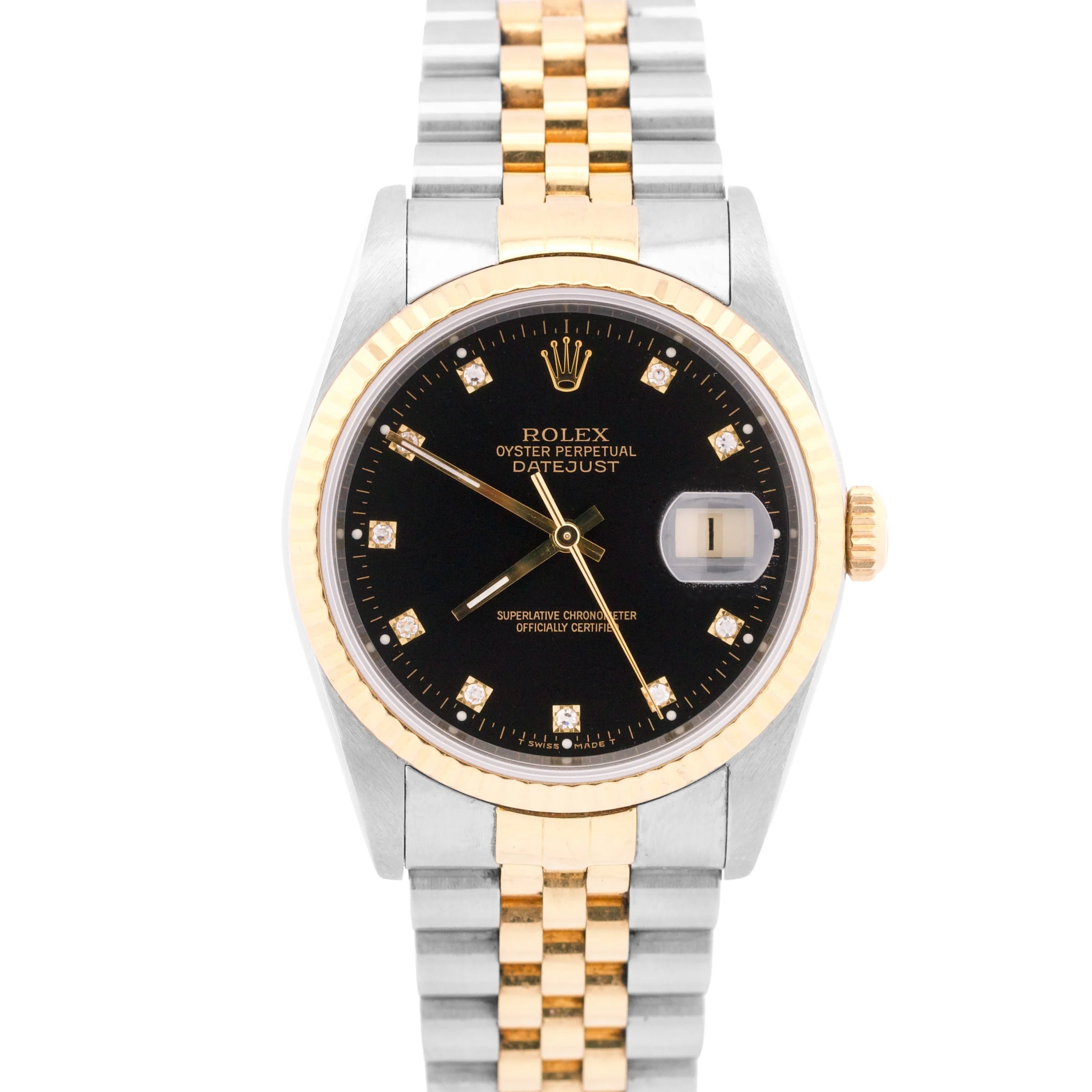 PAPERS Rolex DateJust 36mm FACTORY BLACK DIAMOND 18K Steel JUBILEE 16233 BOX