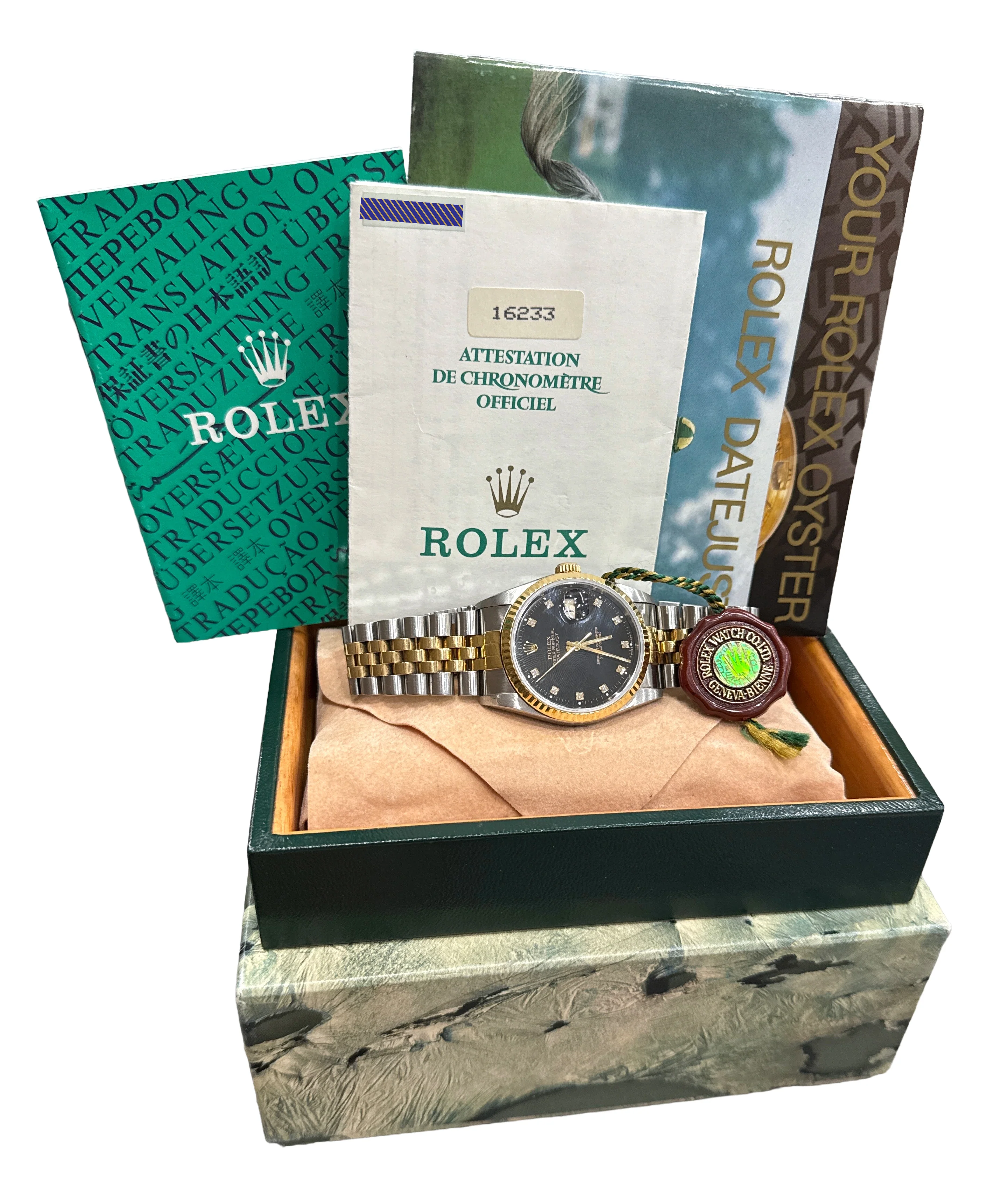 PAPERS Rolex DateJust 36mm FACTORY BLACK DIAMOND 18K Steel JUBILEE 16233 BOX - Image 2