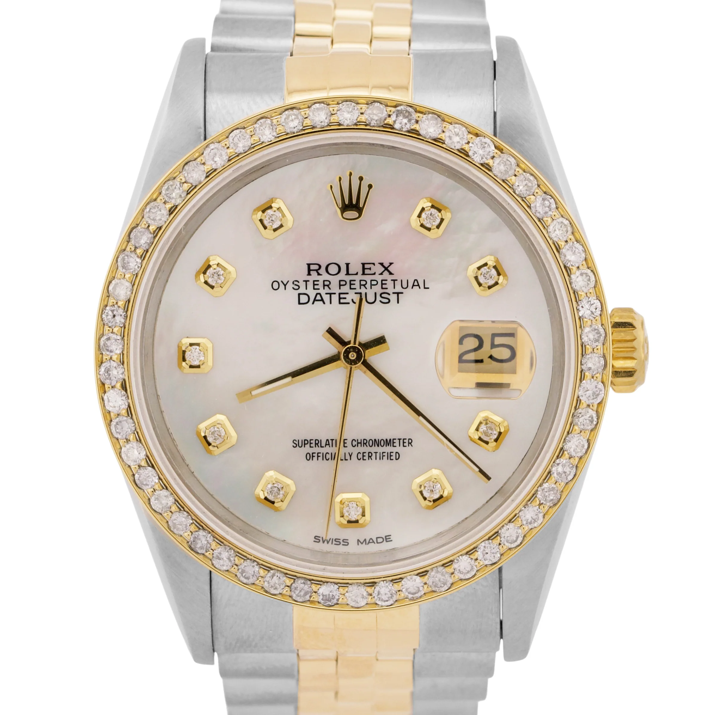 PAPERS Rolex DateJust 36mm MOP DIAMOND 18K Gold Steel JUBILEE Watch 16233 BOX