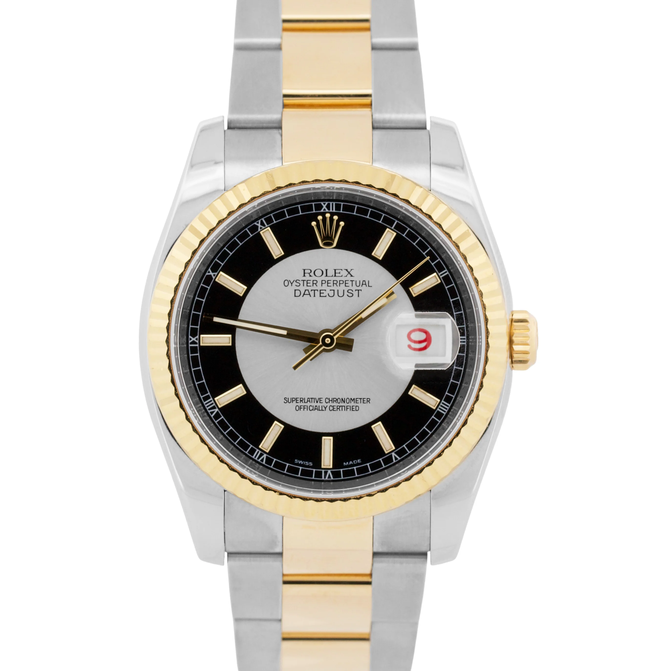 PAPERS Rolex DateJust 36mm Silver Black TUXEDO DIAL 18K Gold OYSTER 116233 BOX