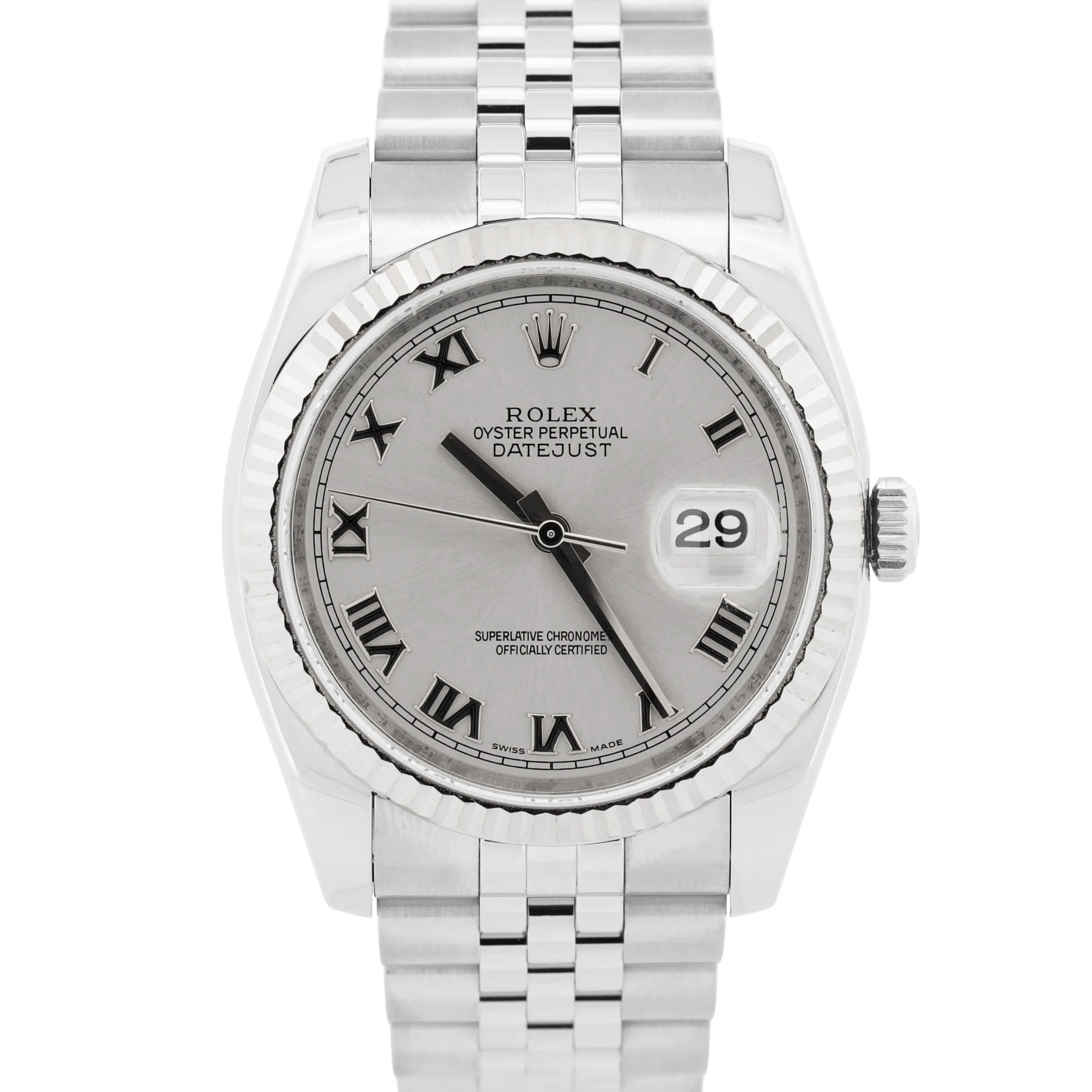 PAPERS Rolex DateJust 36mm SILVER ROMAN 18K Gold Steel JUBILEE 18K 116234 BOX