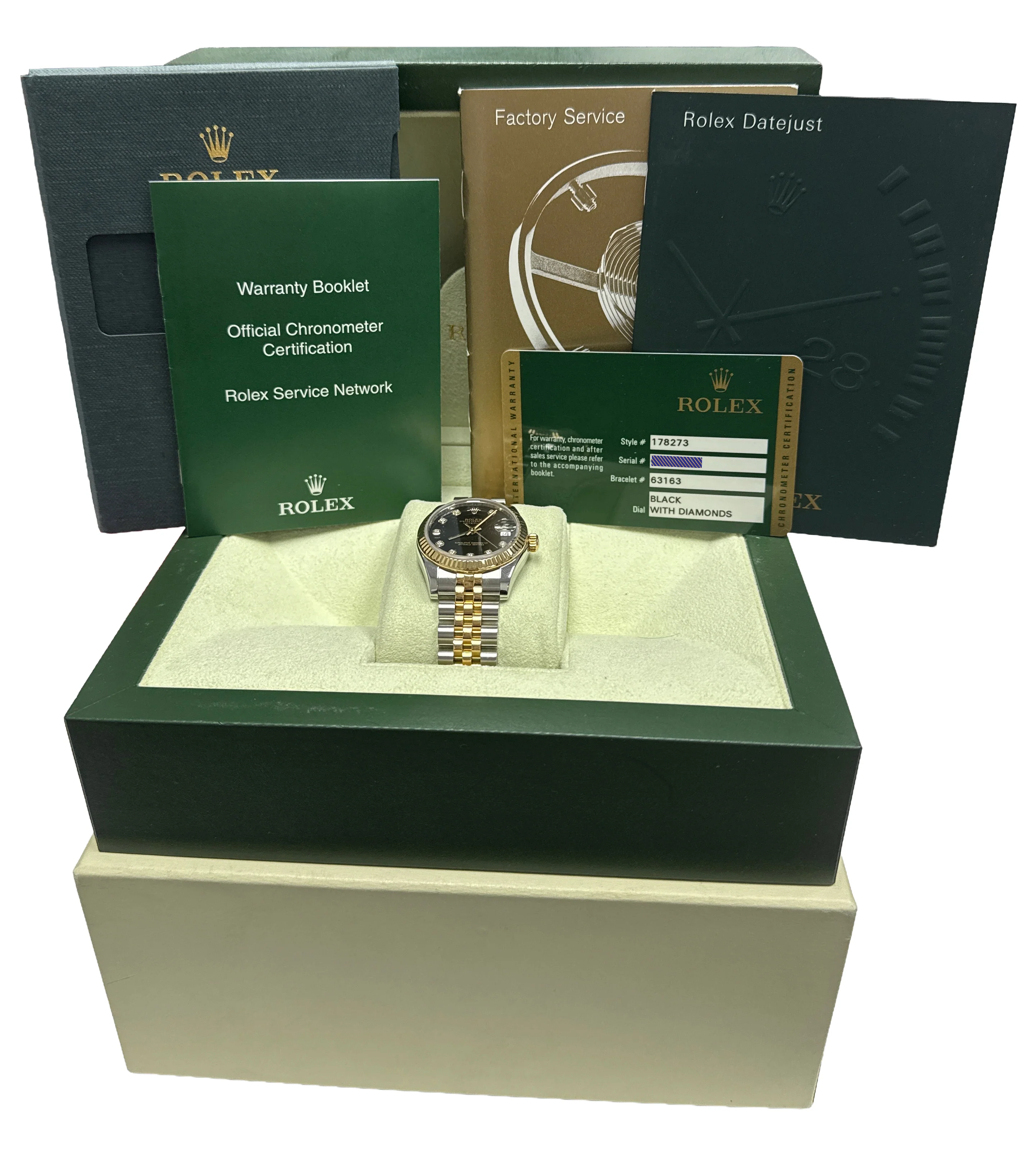 PAPERS Rolex DateJust FACTORY BLACK DIAMOND 18K Steel JUBILEE 31mm 178273 BOX - Image 2