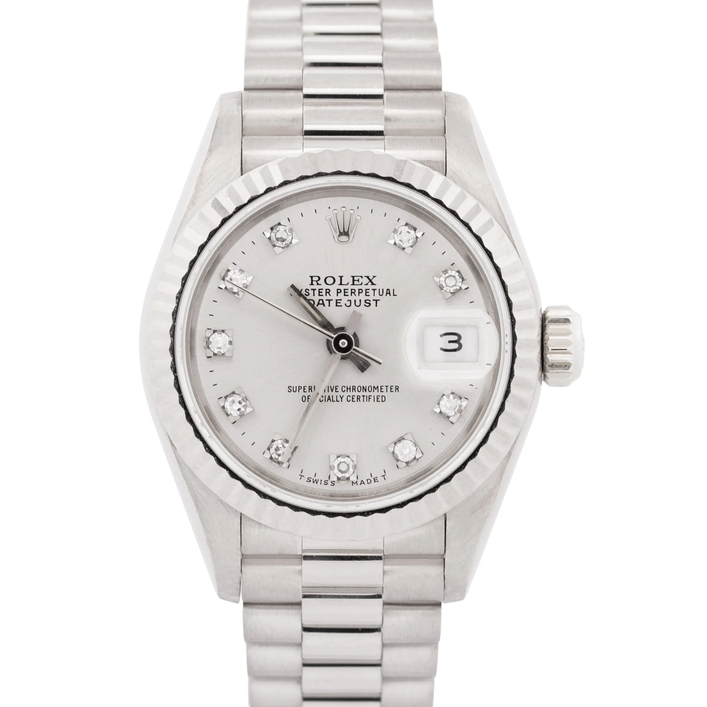 PAPERS Rolex DateJust President 26mm SILVER DIAMOND 18K Gold 69179 BOX