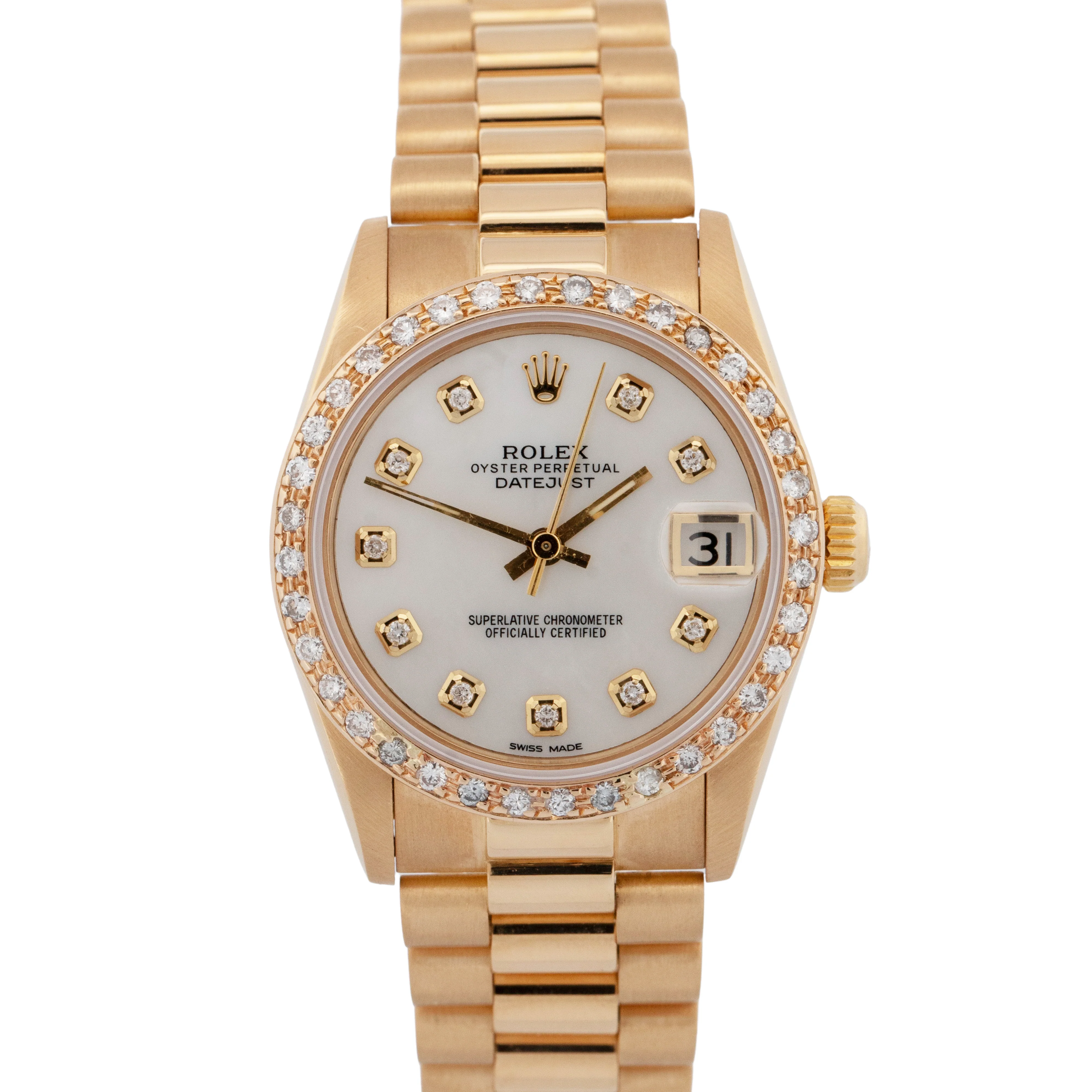 PAPERS Rolex DateJust President MOP DIAMOND 31mm 18K Yellow Gold 68278 BOX
