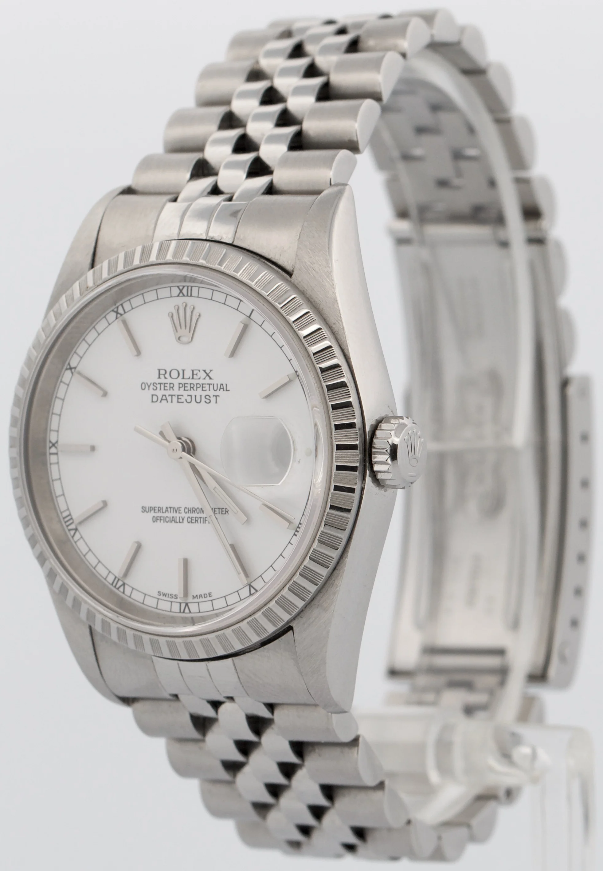 PAPERS Rolex DateJust WHITE 36mm Stainless Steel Engine-Turned JUBILEE 16220 BOX - Image 3