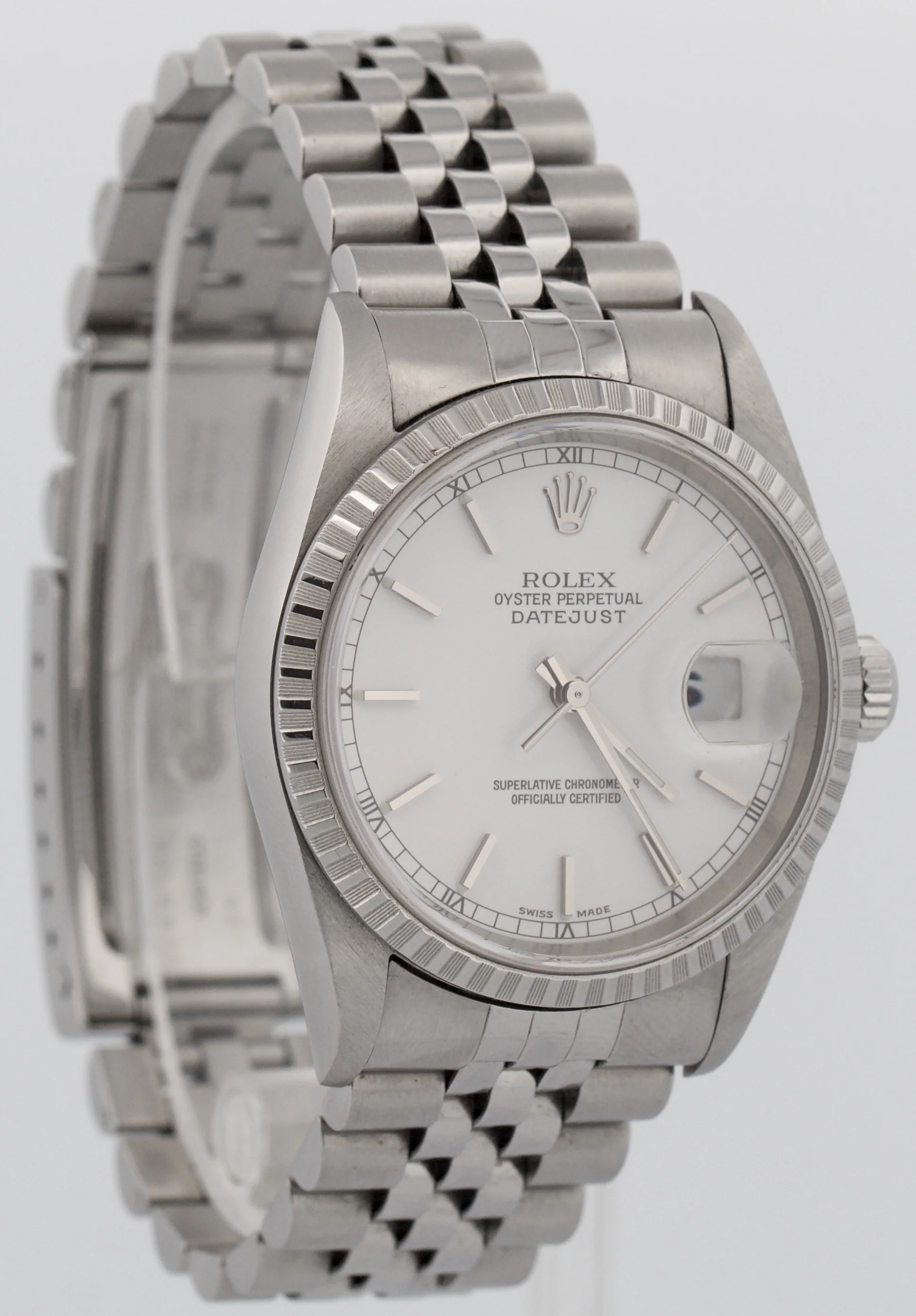 PAPERS Rolex DateJust WHITE 36mm Stainless Steel Engine-Turned JUBILEE 16220 BOX - Image 4