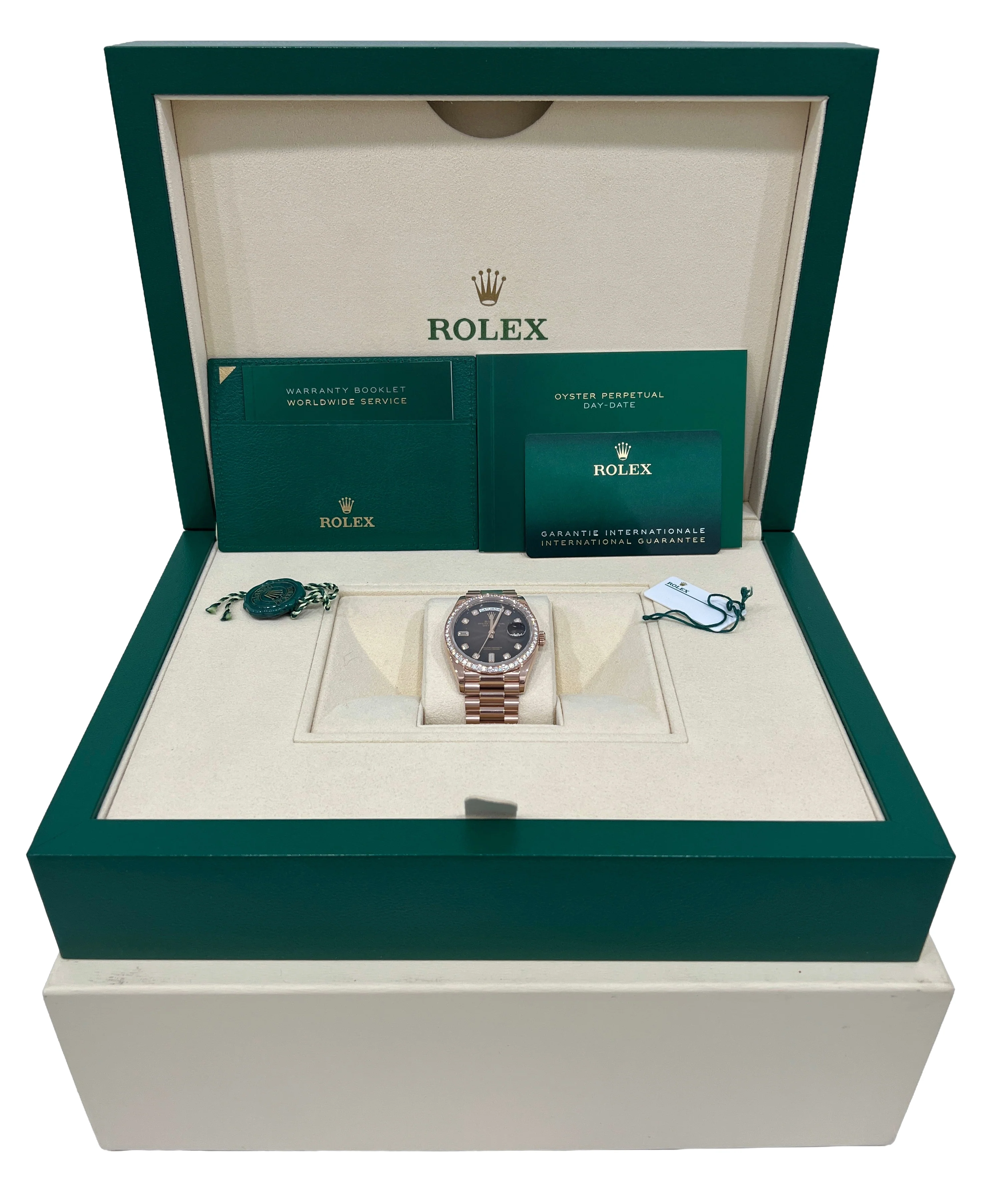 PAPERS Rolex Day-Date President OMBRE CHOCOLATE DIAMOND 36mm 18K 128345RBR BOX - Image 2