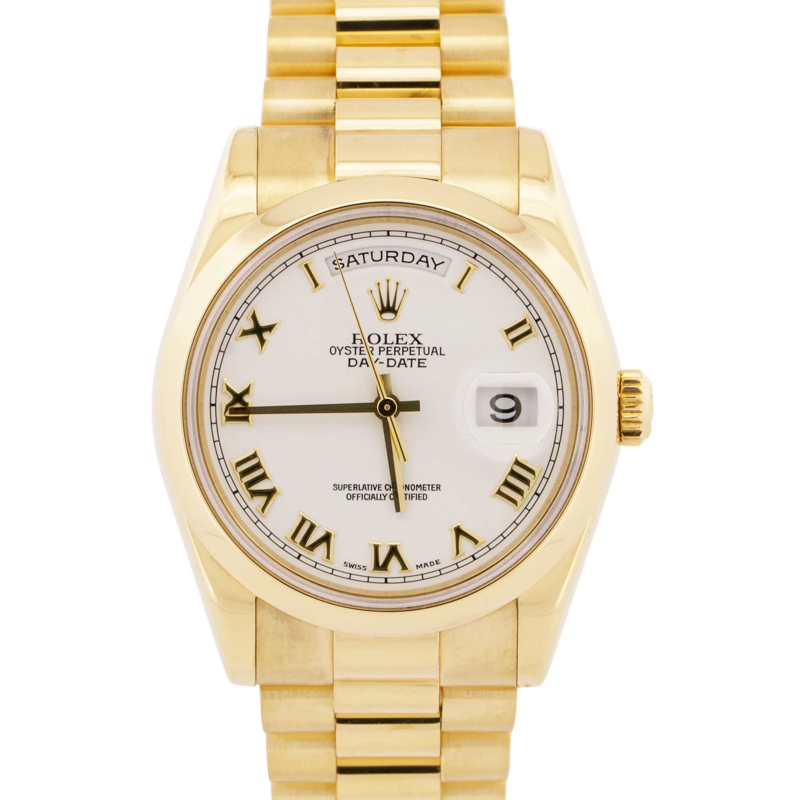 PAPERS Rolex Day-Date President WHITE ROMAN 18K Yellow Gold 36mm 118208 BOX