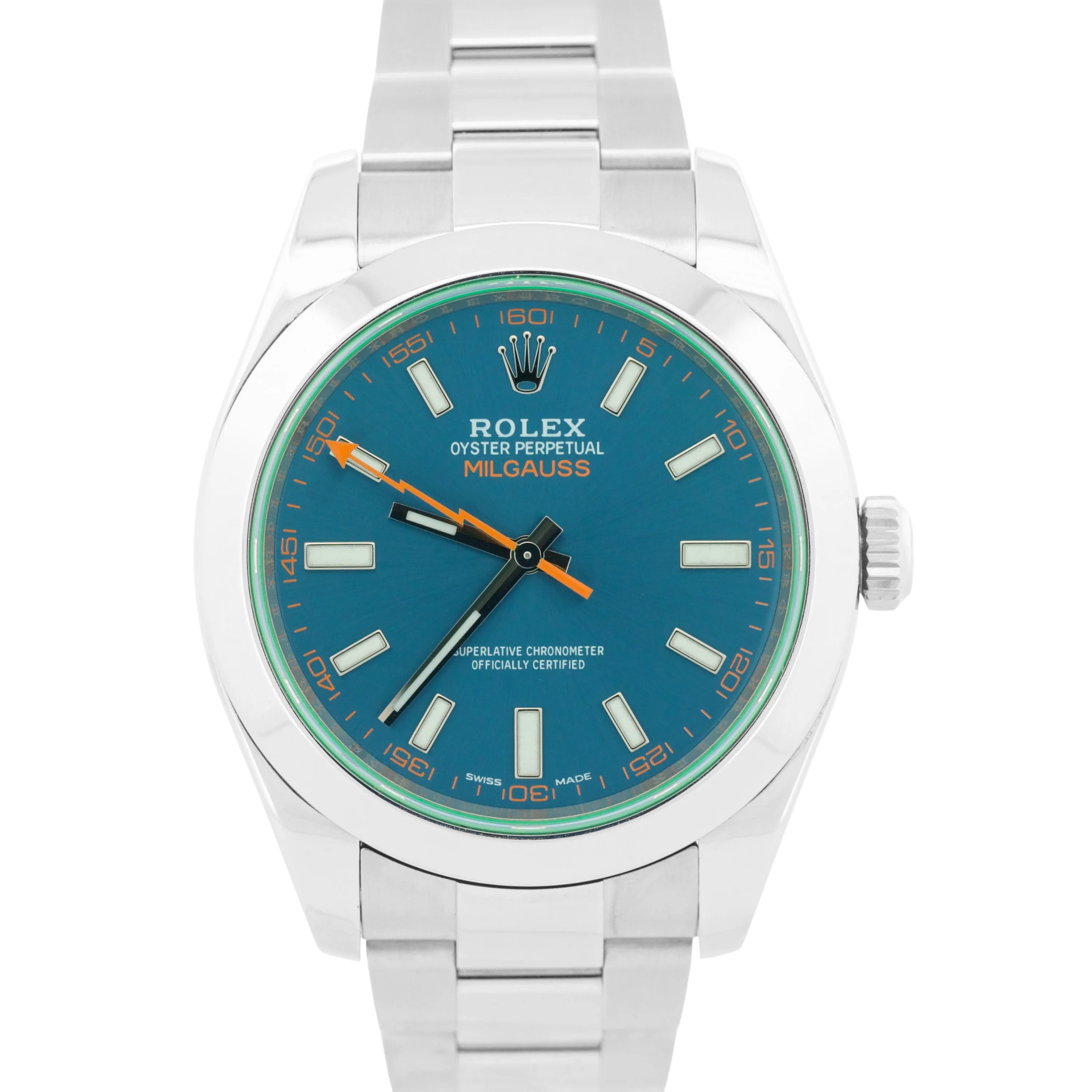 PAPERS Rolex Milgauss Z-Blue Green Crystal BLUE 40mm 116400 GV Steel Watch BOX