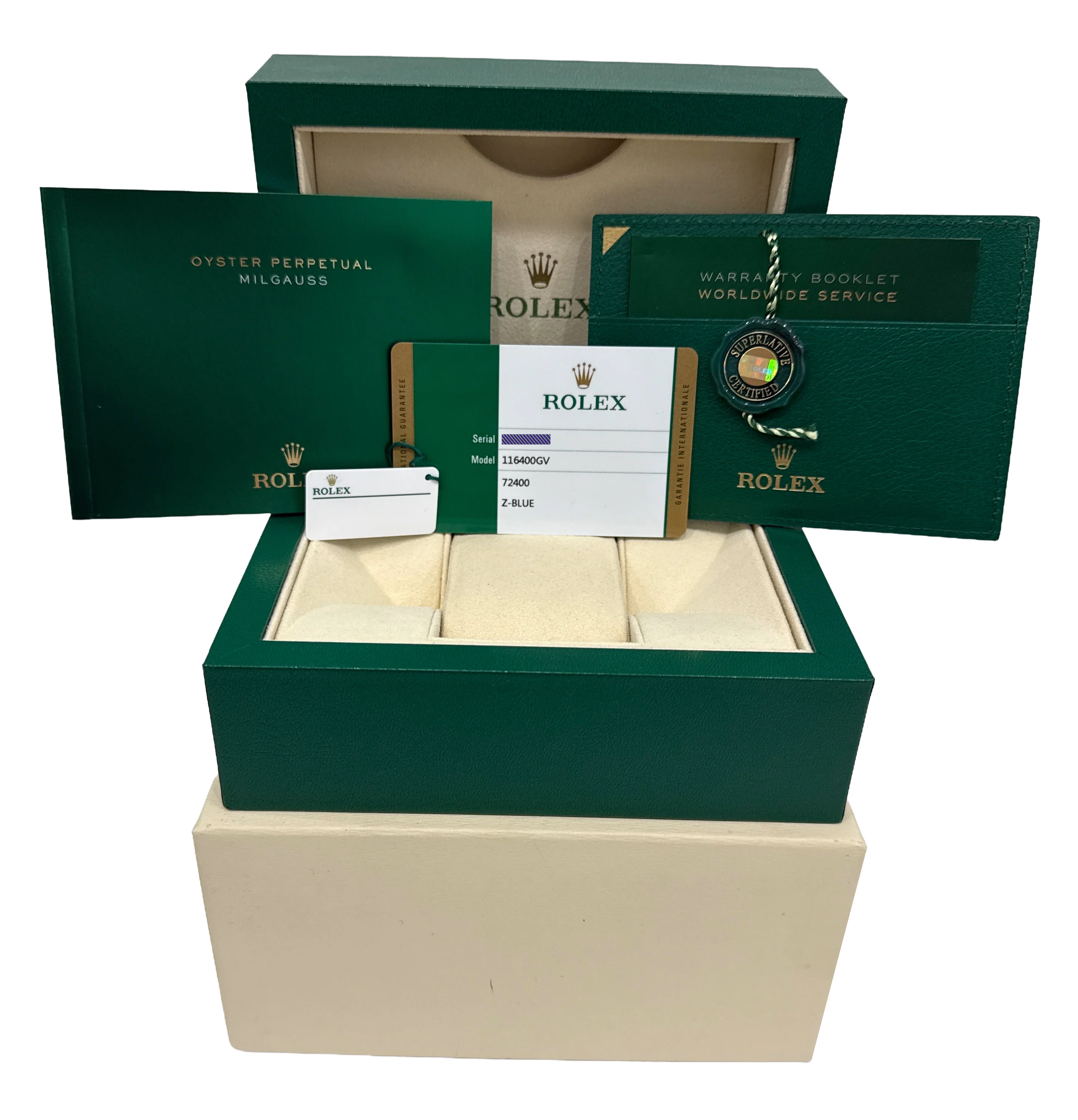 PAPERS Rolex Milgauss Z-Blue Green Crystal BLUE 40mm 116400 GV Steel Watch BOX - Image 2