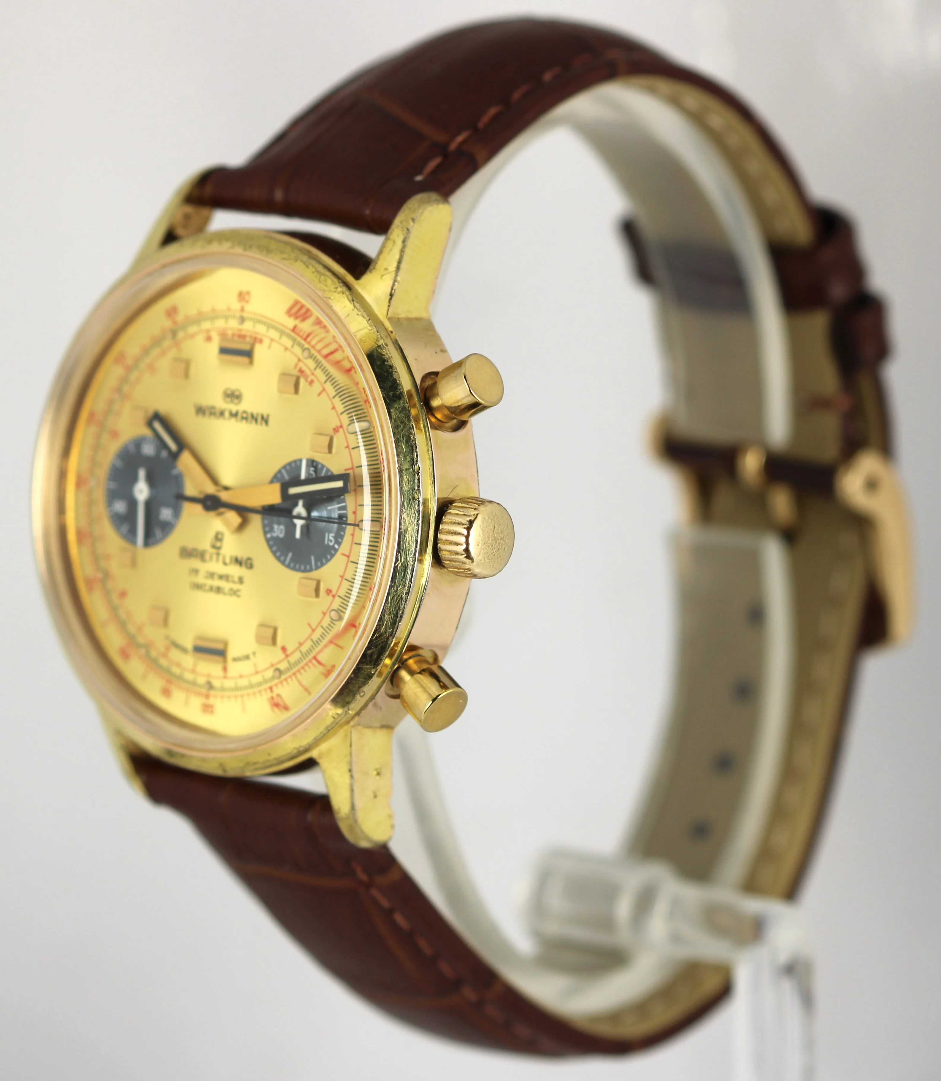 Rare Vintage WAKMANN BREITLING Signed Chronograph Incabloc Champagne 38mm Watch - Image 3