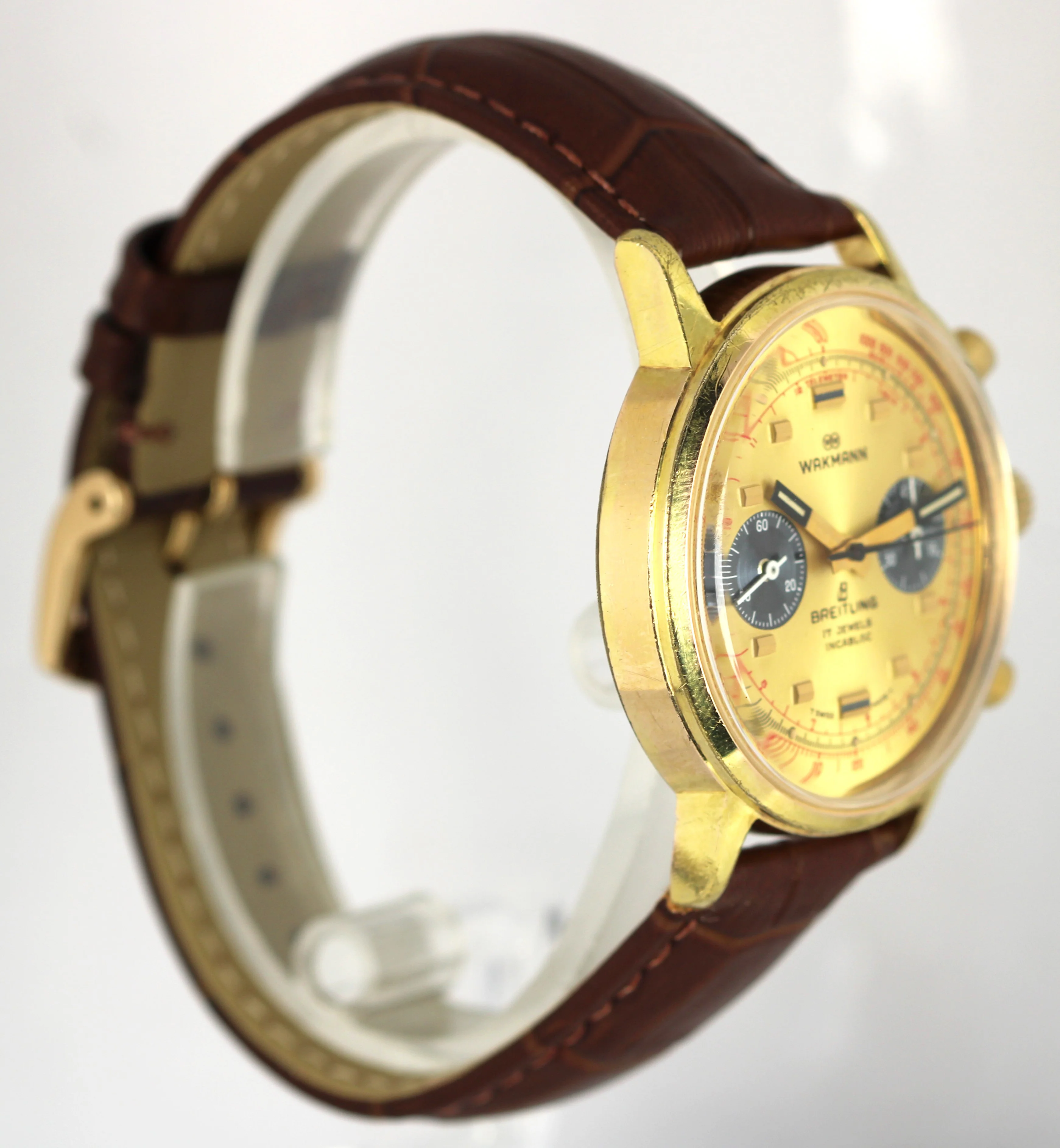 Rare Vintage WAKMANN BREITLING Signed Chronograph Incabloc Champagne 38mm Watch - Image 4