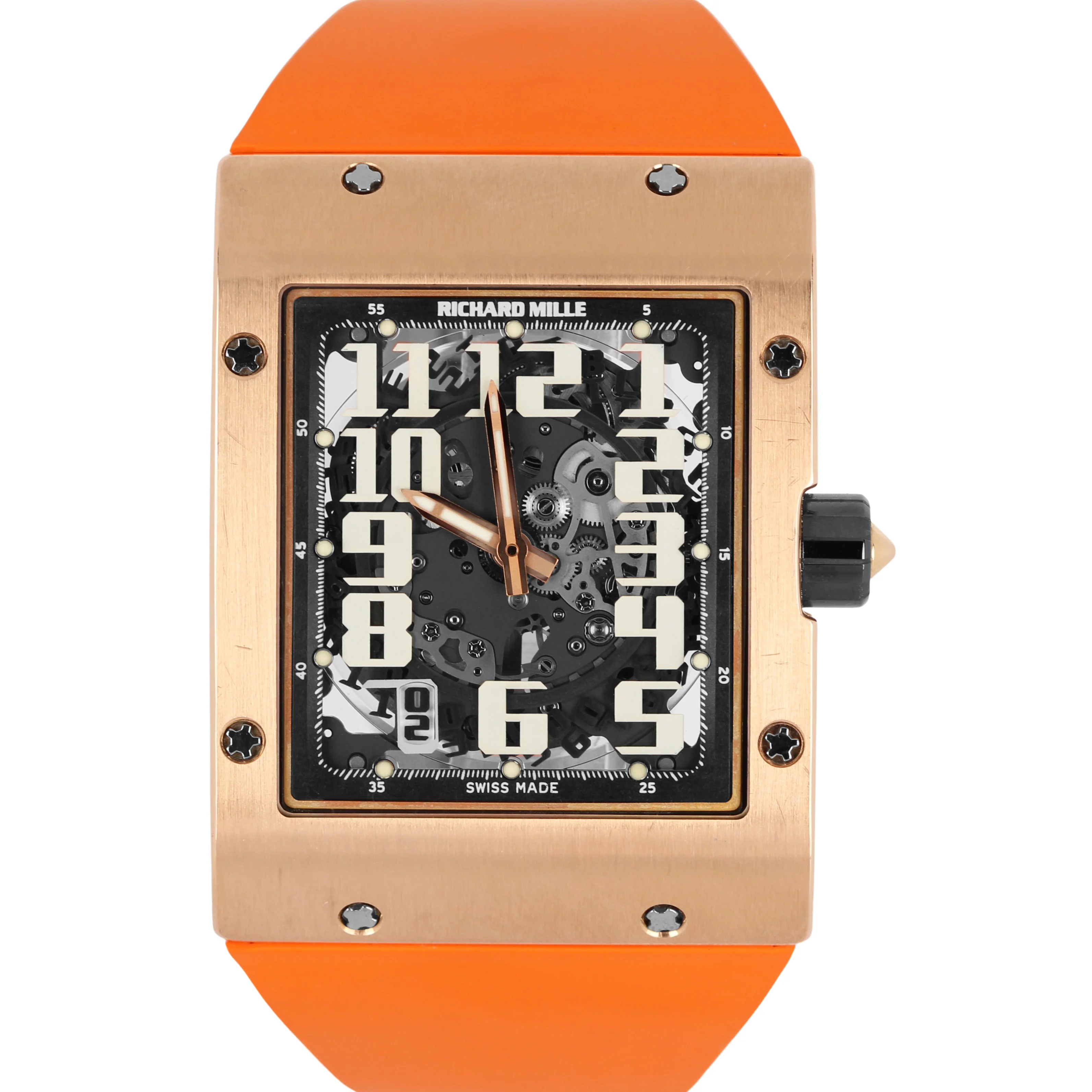 Richard Mille RM016 Extra Flat 18k Rose Gold Skeleton 38x49 Orange Rubber Watch