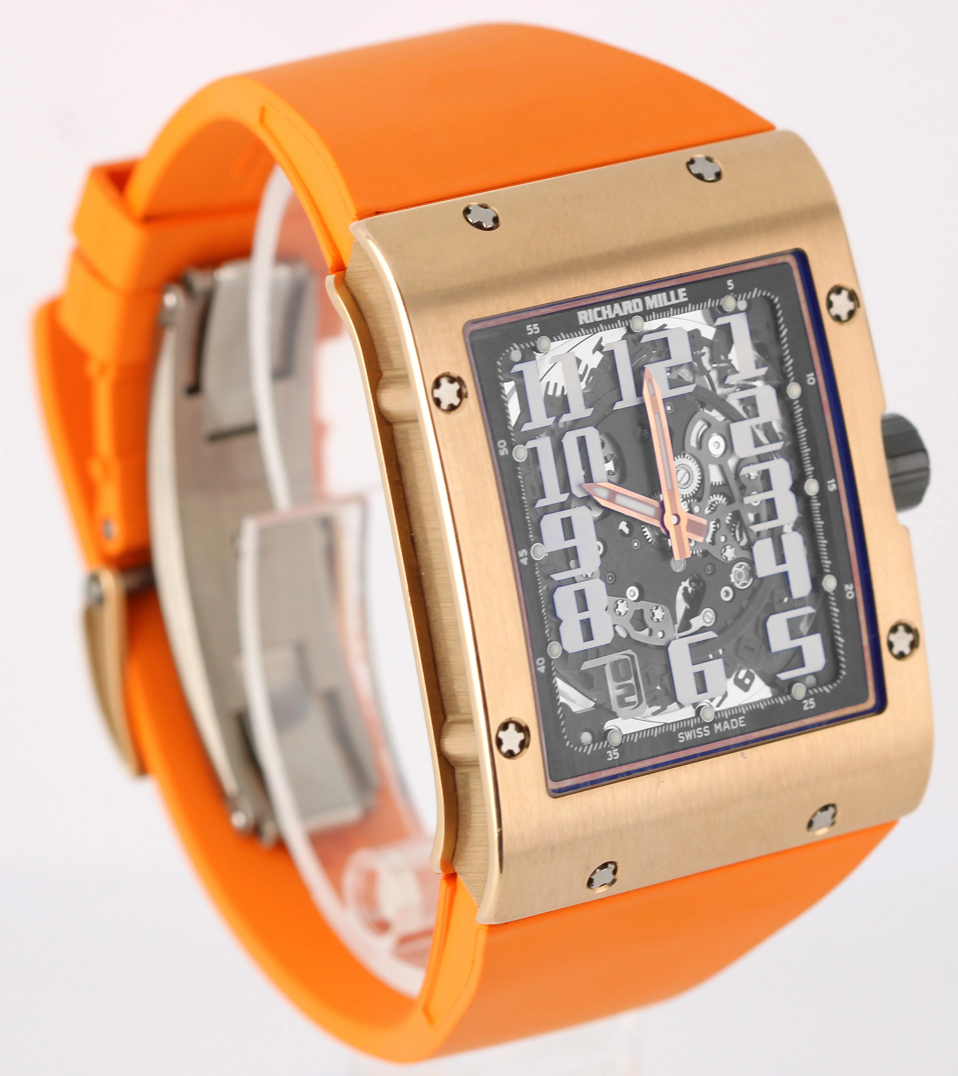 Richard Mille RM016 Extra Flat 18k Rose Gold Skeleton 38x49 Orange Rubber Watch - Image 4