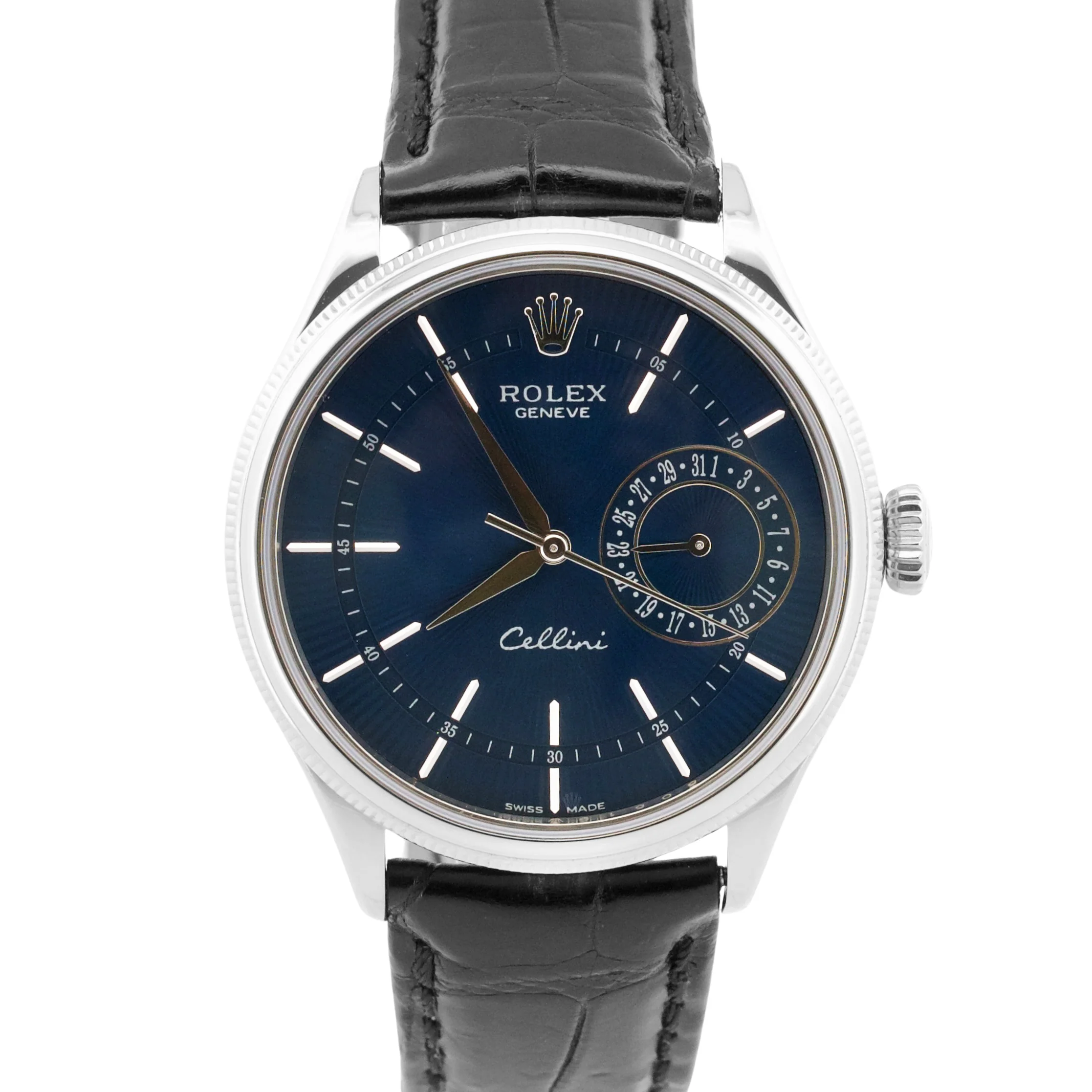 Rolex Cellini Date 18k White Gold BLUE GUILLOCHE Leather Fluted 39mm 50519 Watch
