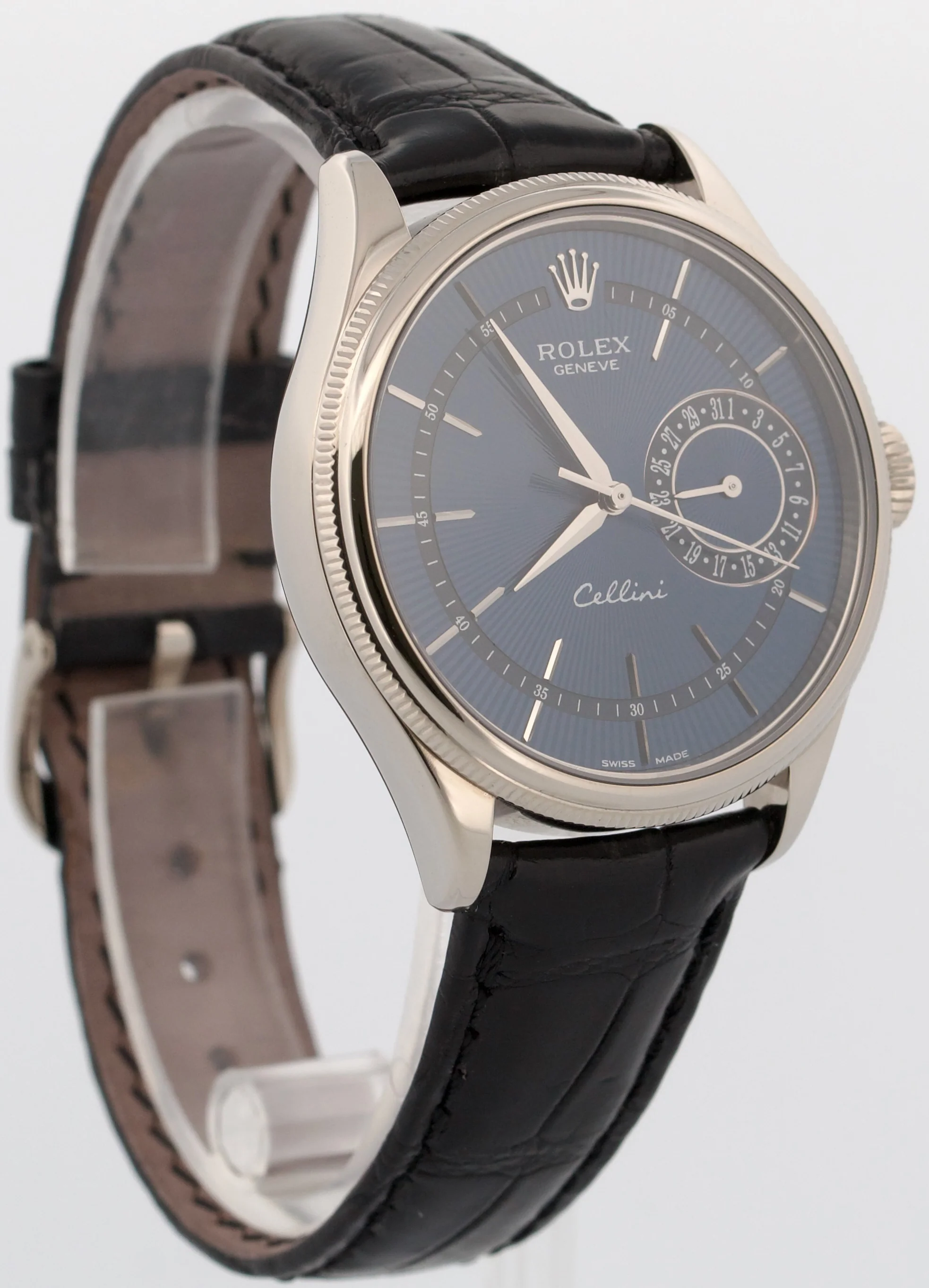 Rolex Cellini Date 18k White Gold BLUE GUILLOCHE Leather Fluted 39mm 50519 Watch - Image 4