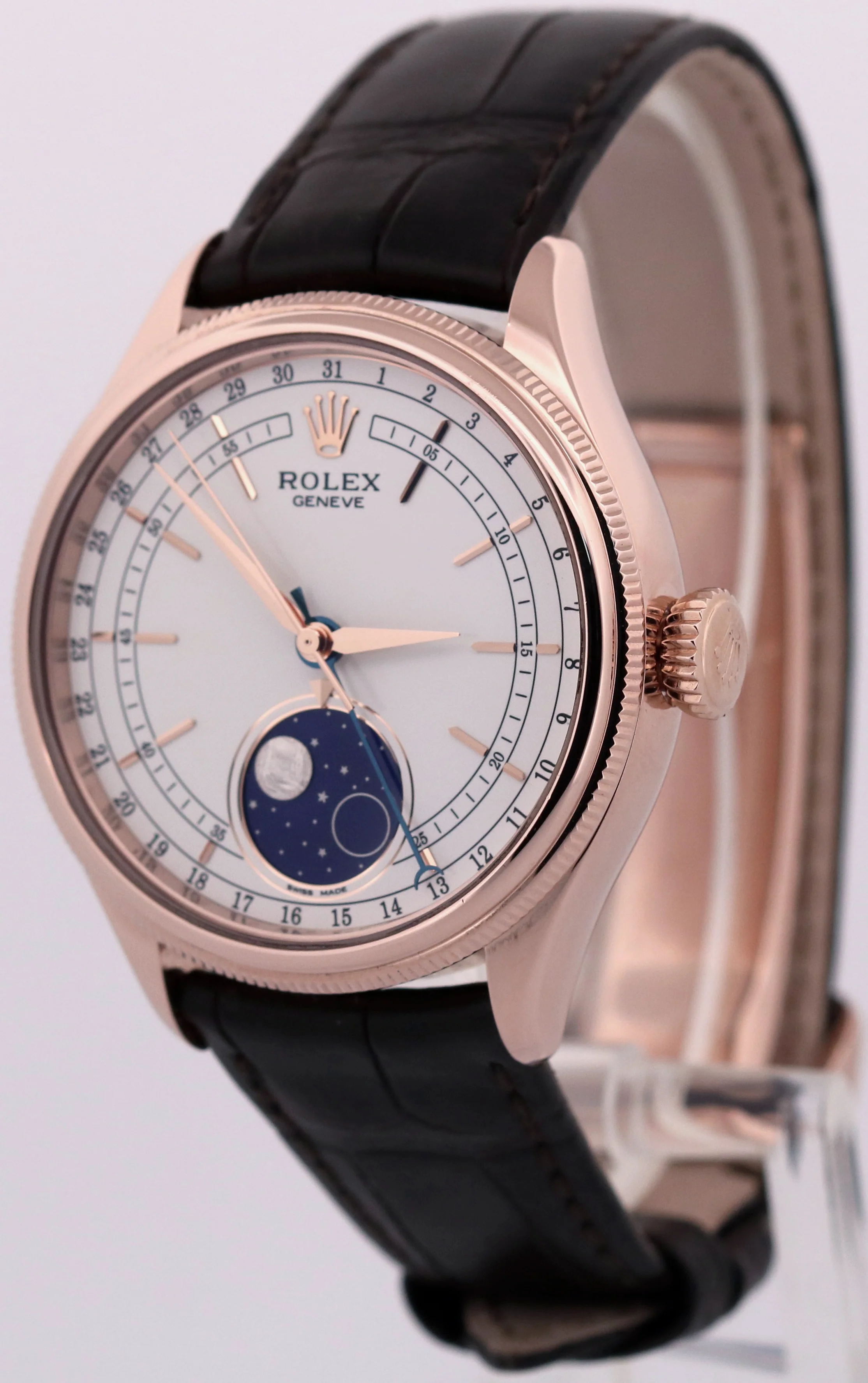 Rolex Cellini Moonphase WHITE 18K Rose Gold LEATHER Automatic Everose 39mm 50535 - Image 3
