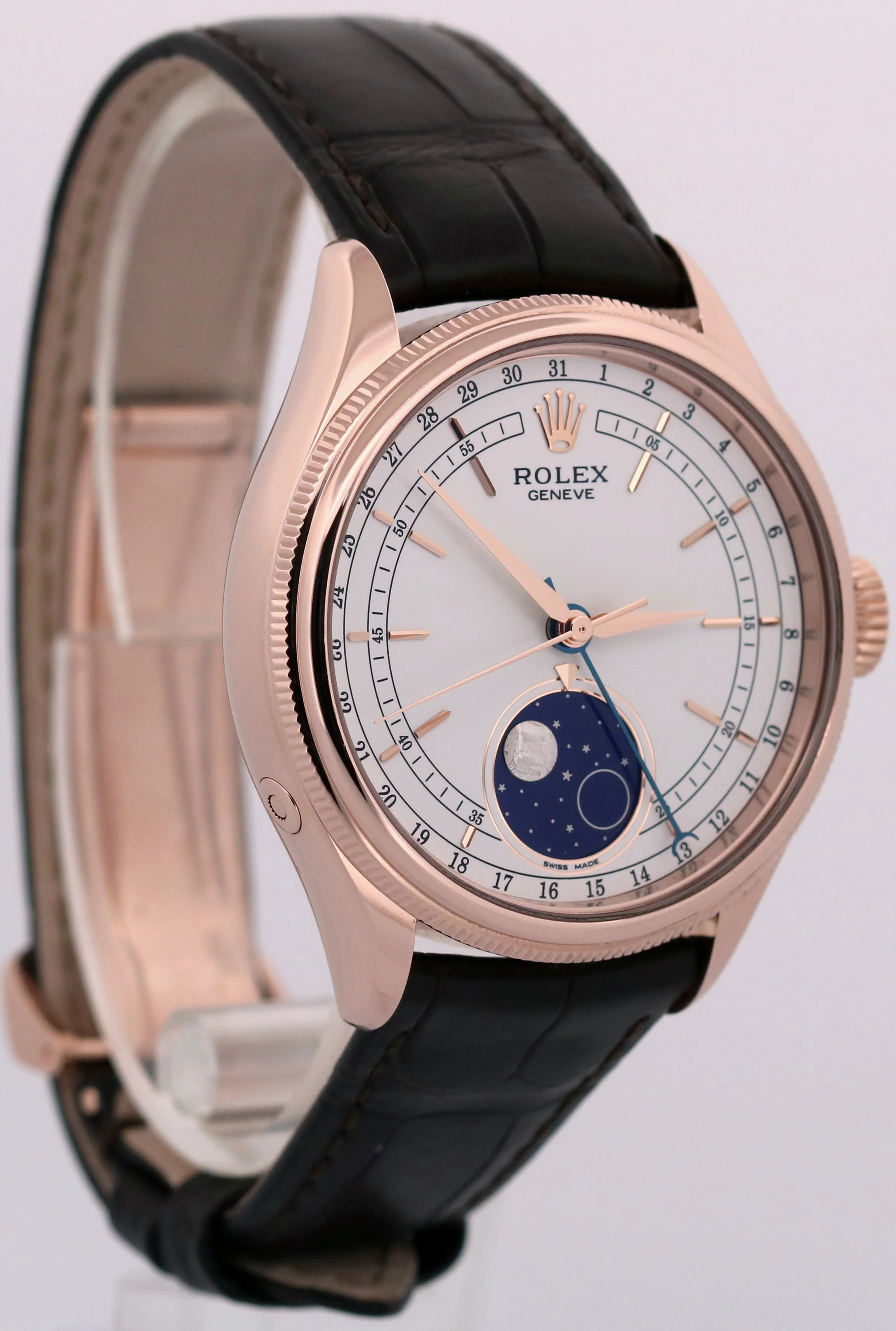 Rolex Cellini Moonphase WHITE 18K Rose Gold LEATHER Automatic Everose 39mm 50535 - Image 4