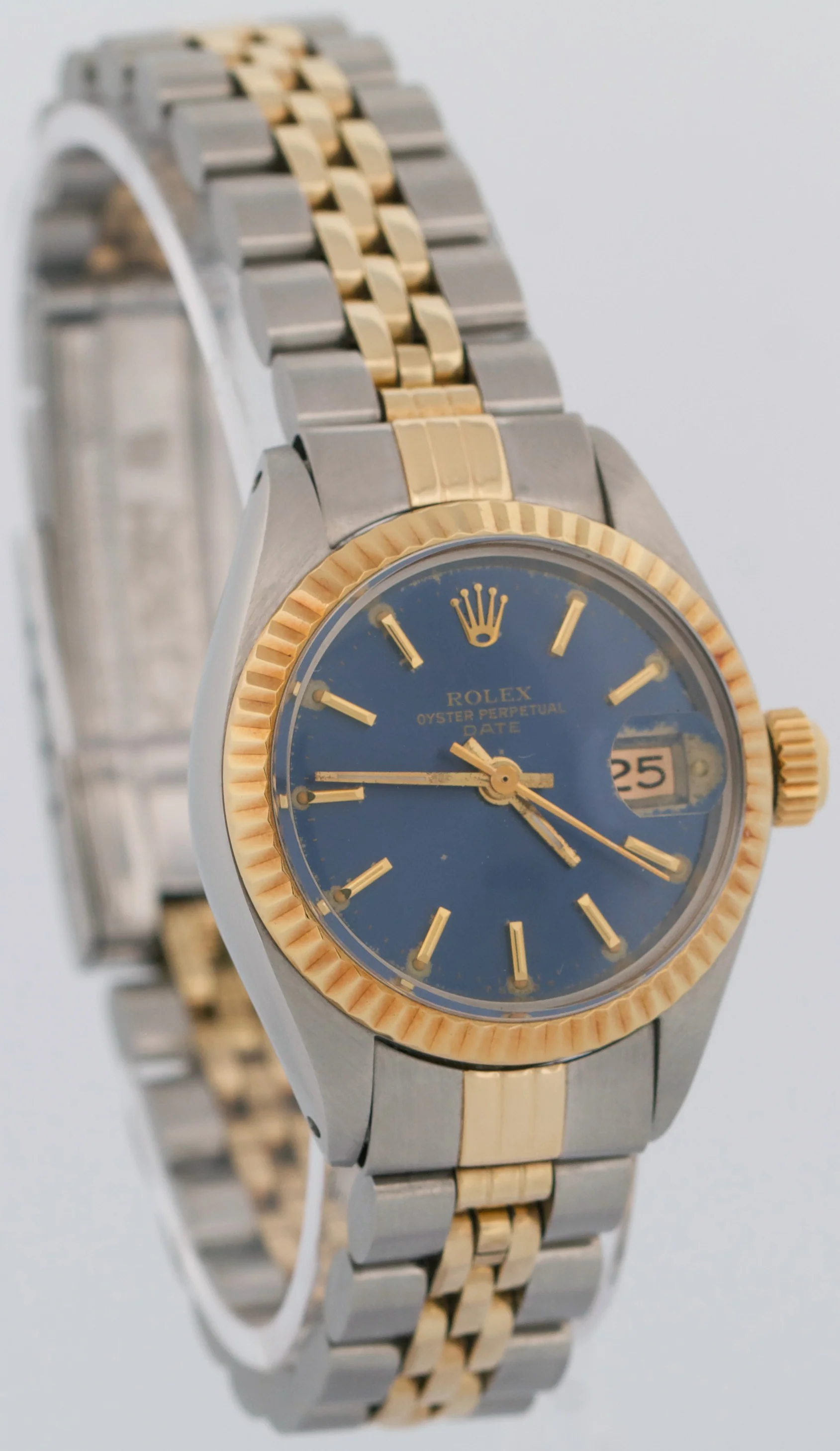 Rolex Date 26mm BLUE 18K Yellow Gold Stainless Steel Fluted JUBILEE 6917 Watch - Image 4