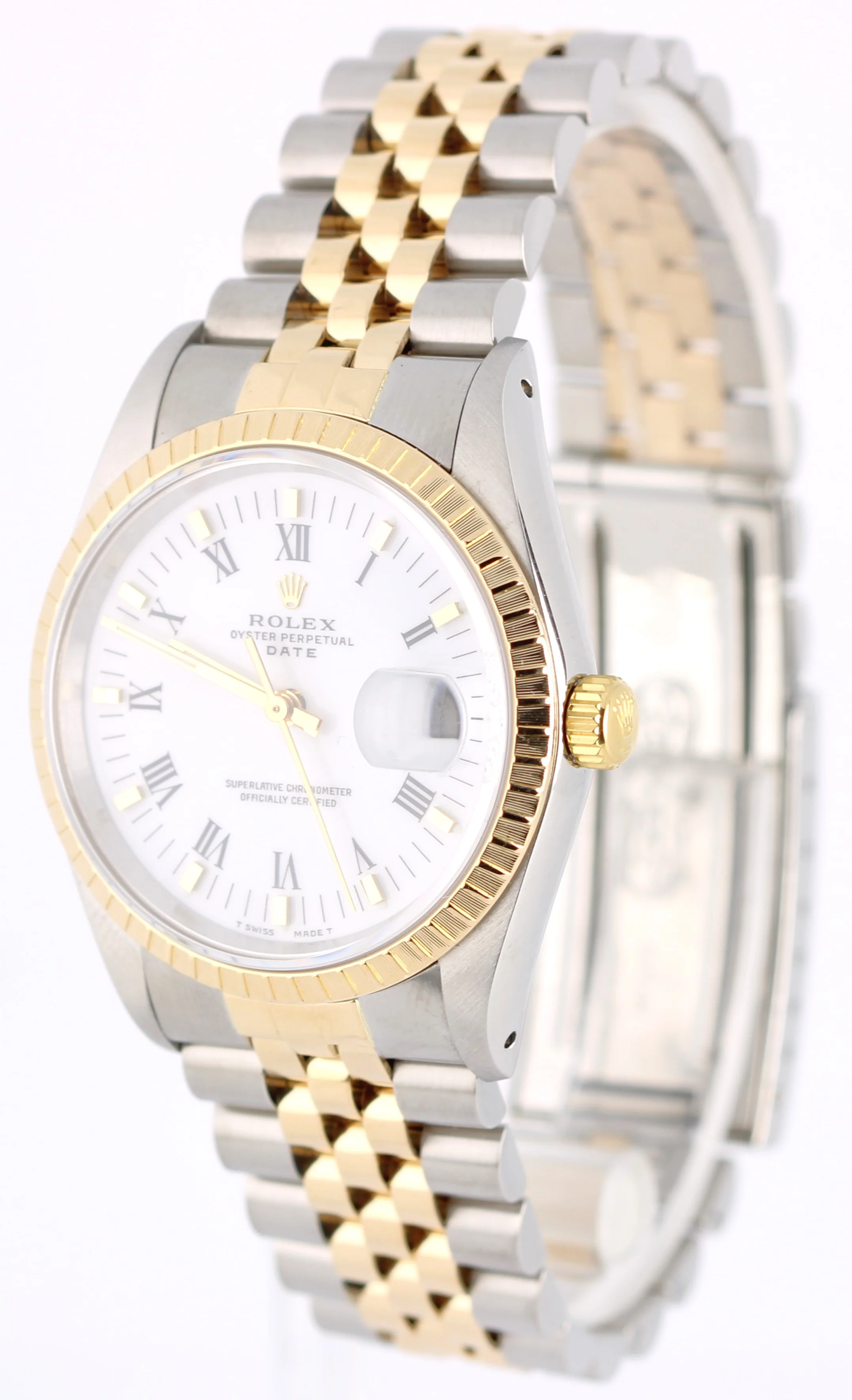 Rolex Date Two-Tone 18k Yellow Gold Steel White Roman 34mm 15223 Jubilee Watch - Image 3