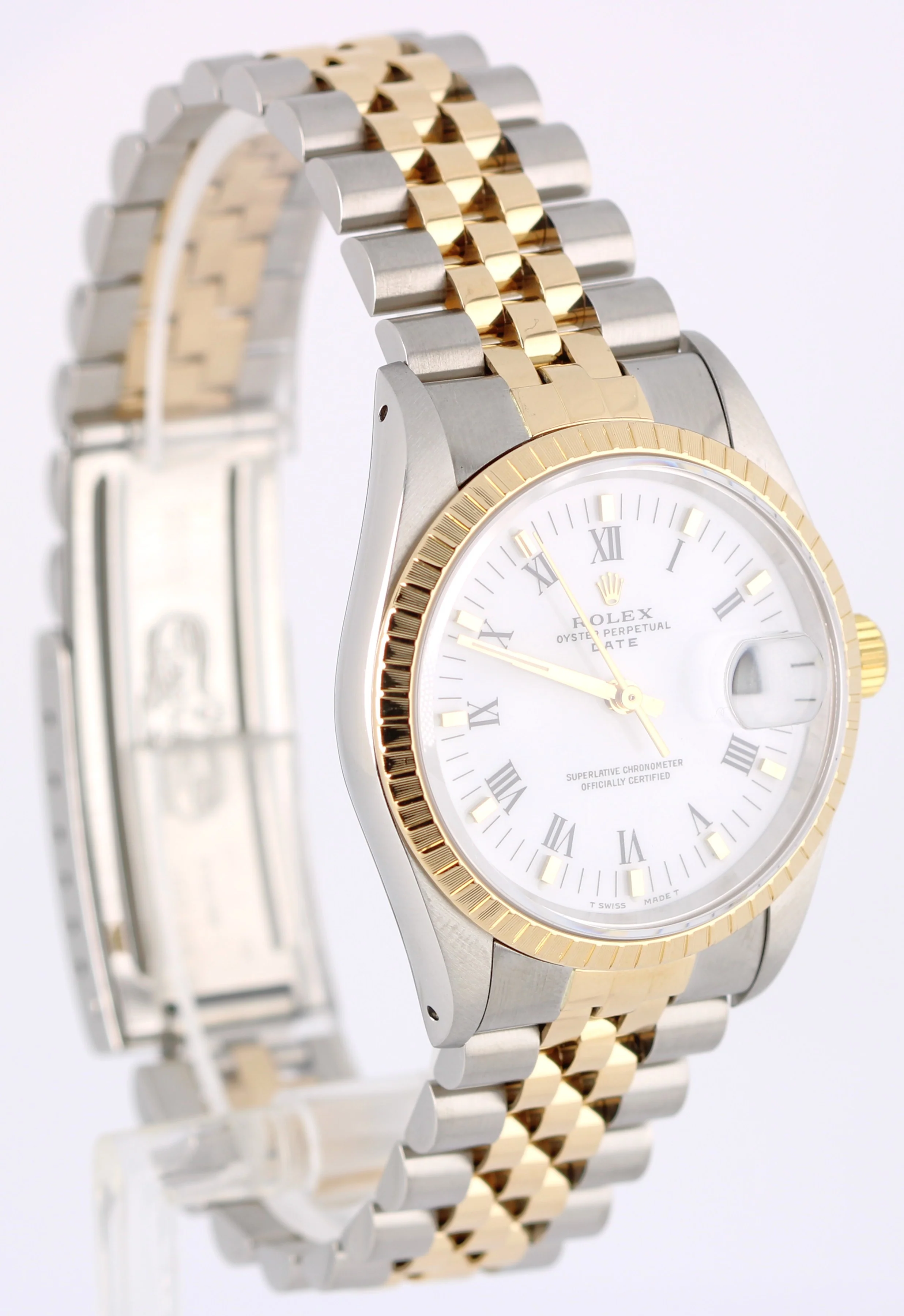 Rolex Date Two-Tone 18k Yellow Gold Steel White Roman 34mm 15223 Jubilee Watch - Image 4
