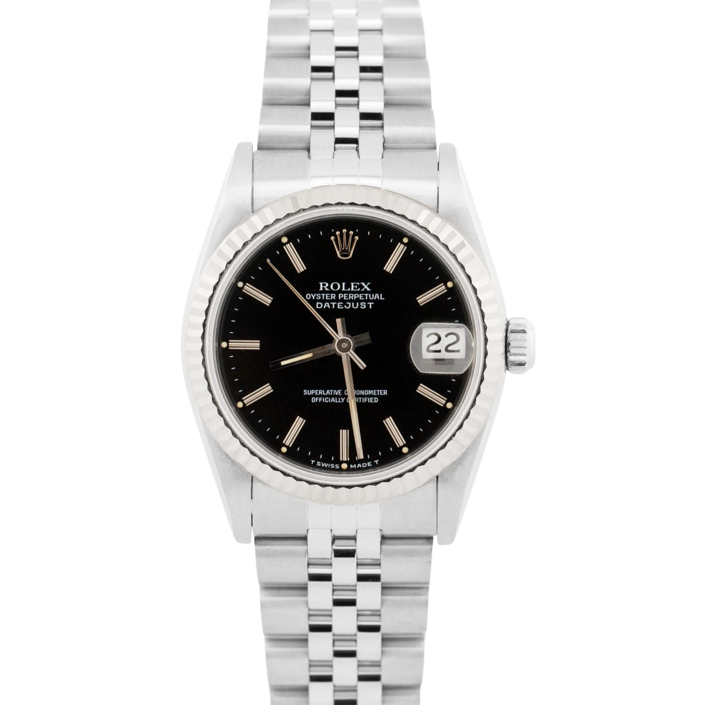 Rolex DateJust 31mm BLACK Steel Midsize 18K Steel Fluted JUBILEE Watch 68274