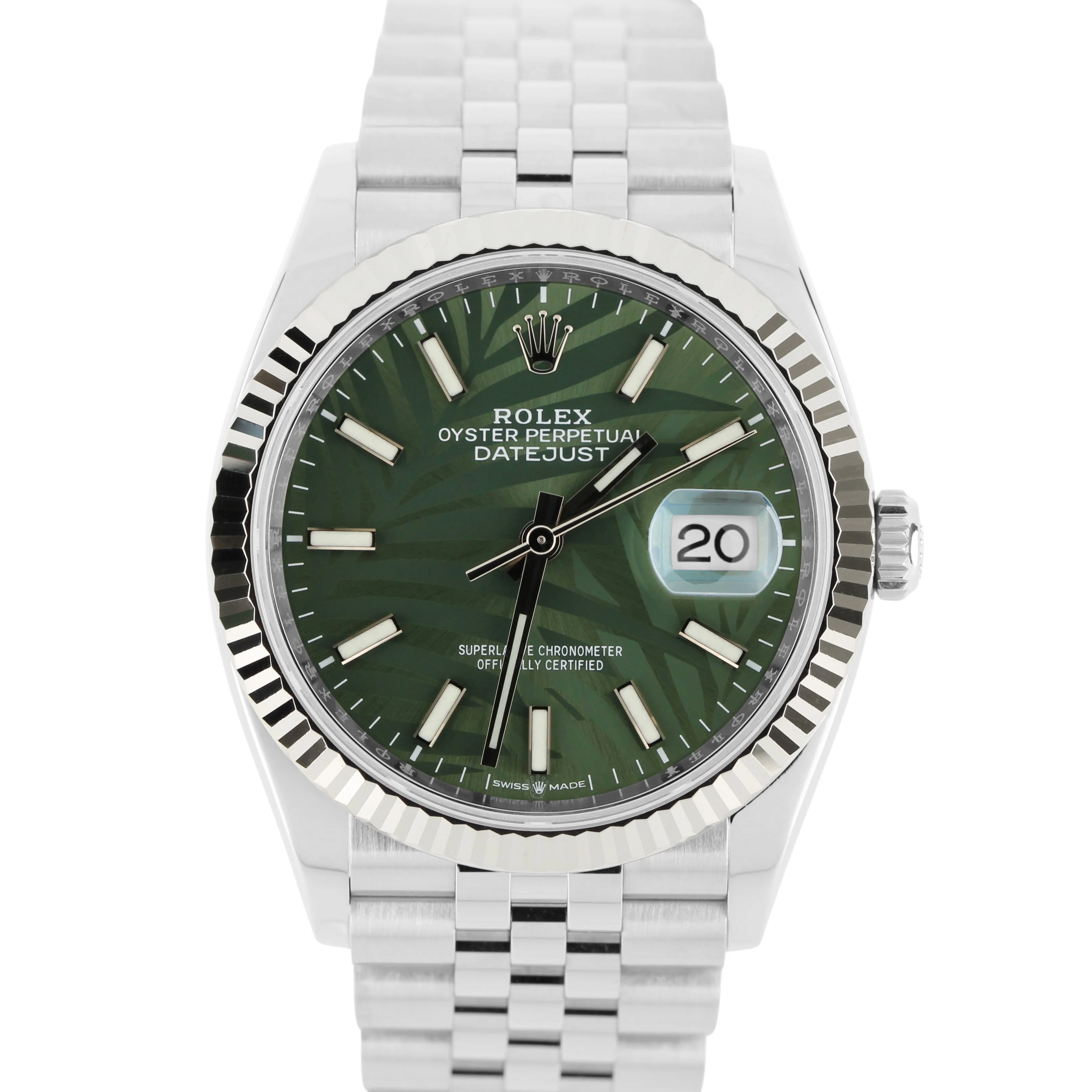 Rolex DateJust 36 GREEN PALM MOTIF Stainless Steel Fluted JUBILEE 126234 Watch