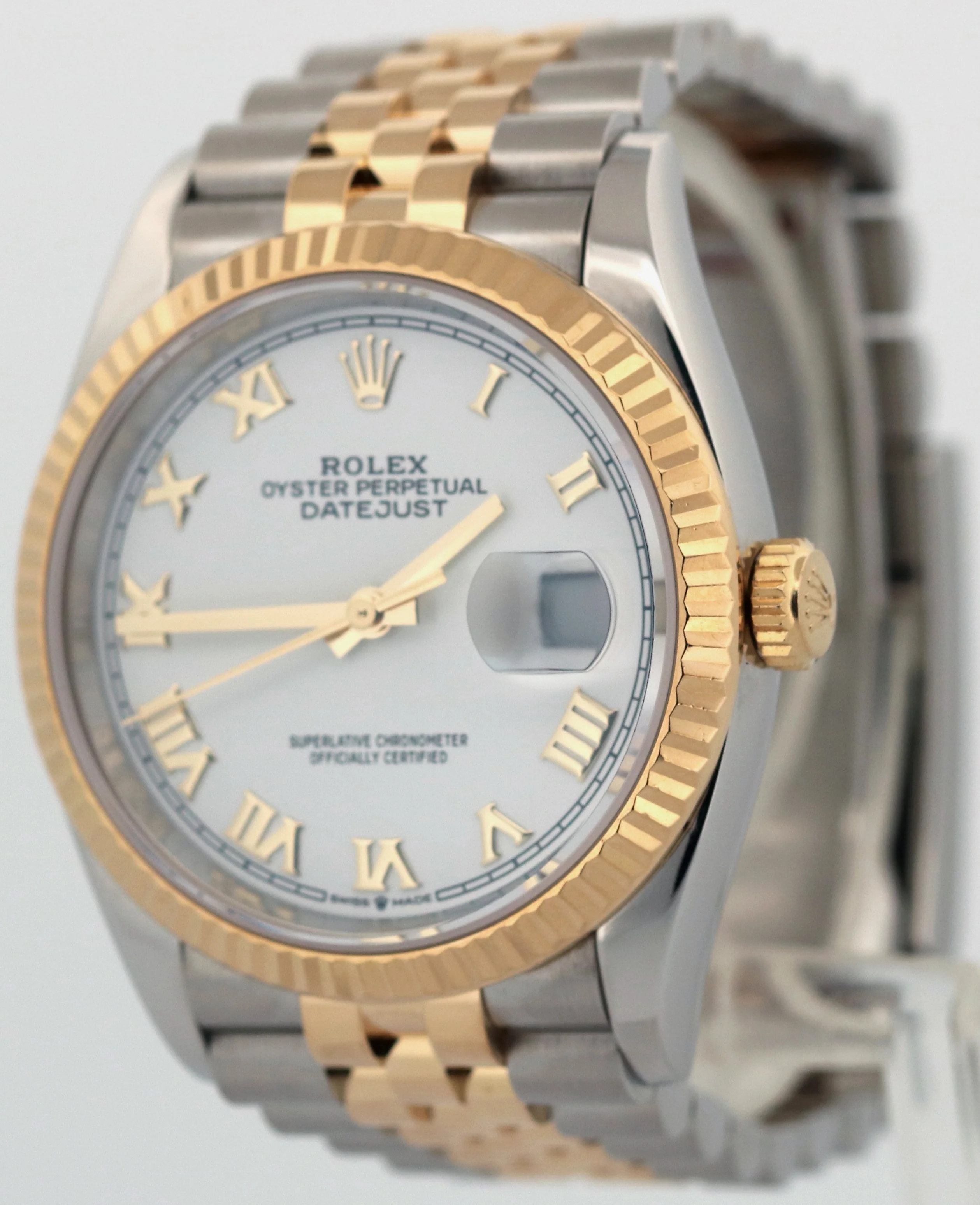 Rolex DateJust 36 WHITE ROMAN 18K Yellow Gold Steel JUBILEE Fluted 36mm 126233 - Image 3