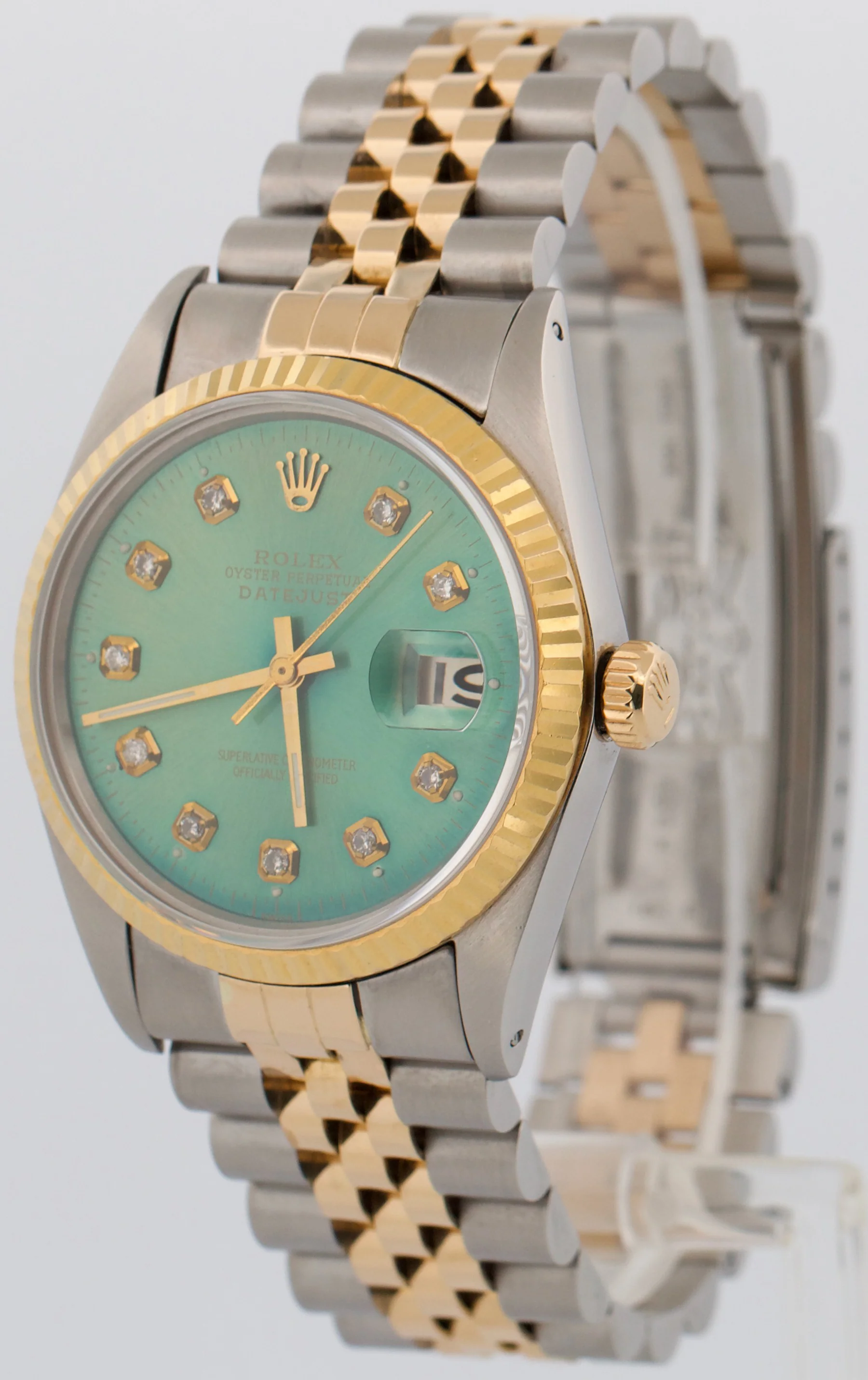 Rolex DateJust 36mm AQUA DIAMOND Blue Green 18K Gold JUBILEE Steel Watch 16013 - Image 3