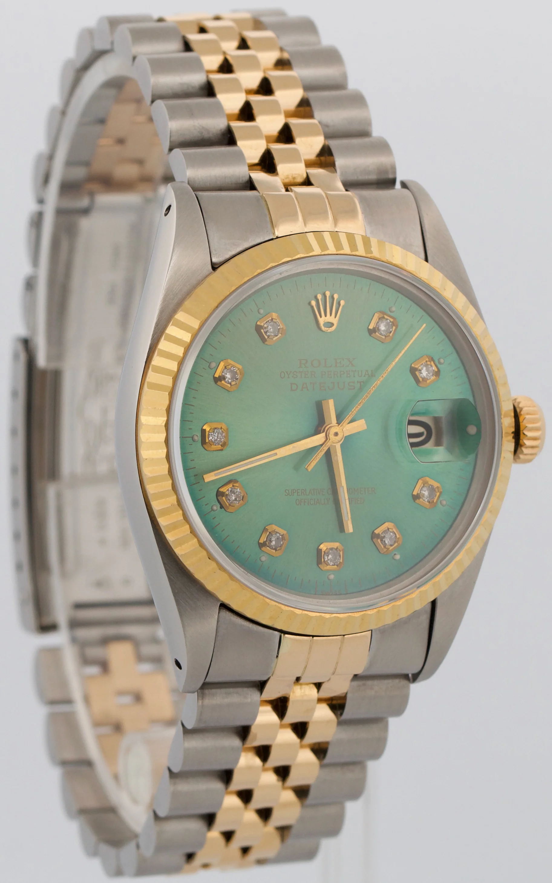 Rolex DateJust 36mm AQUA DIAMOND Blue Green 18K Gold JUBILEE Steel Watch 16013 - Image 4