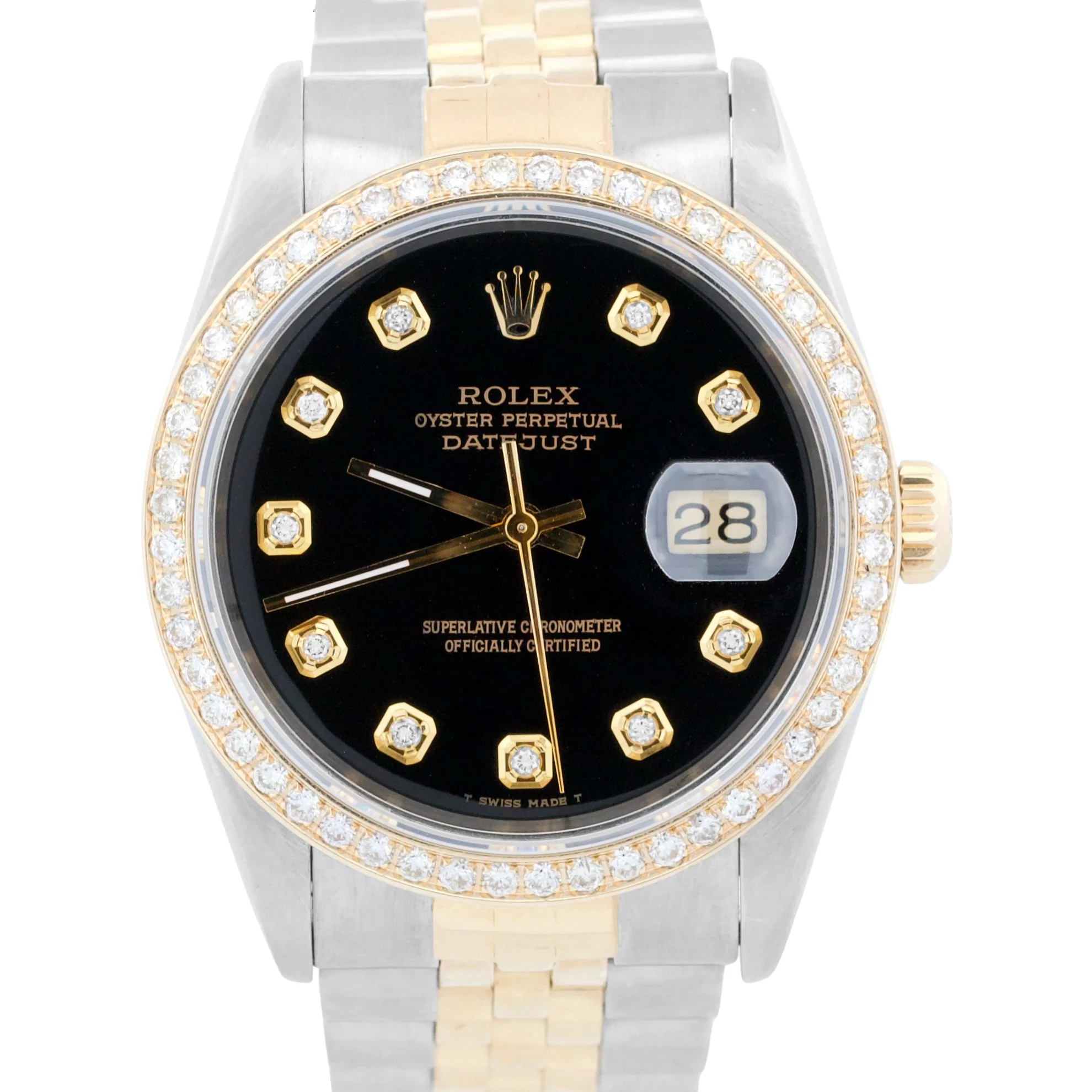 Rolex DateJust 36mm BLACK DIAMOND 18K Yellow Gold Steel JUBILEE 16233 Watch
