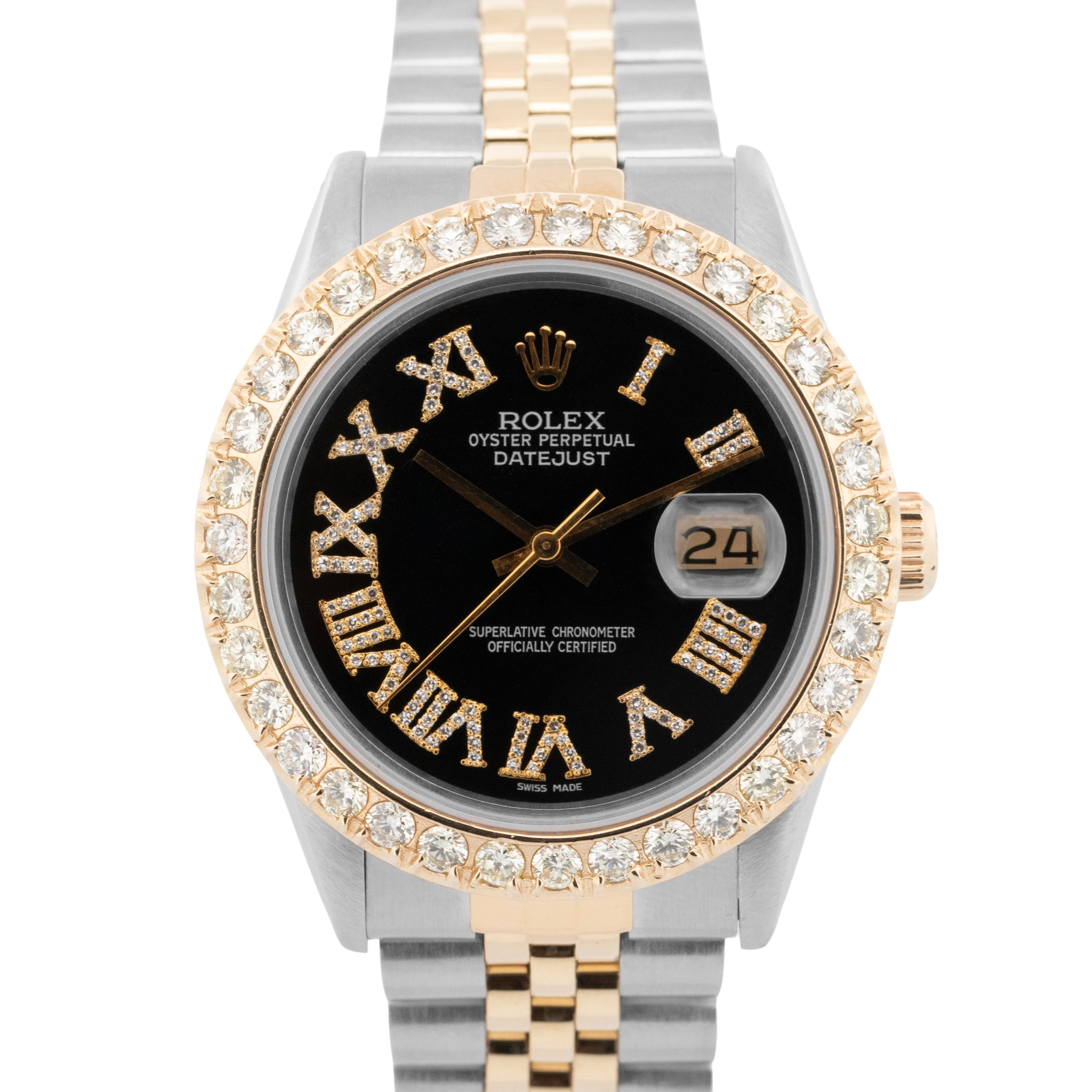Rolex DateJust 36mm Black DIAMOND 18K Yellow Gold Two-Tone Steel Watch 16013