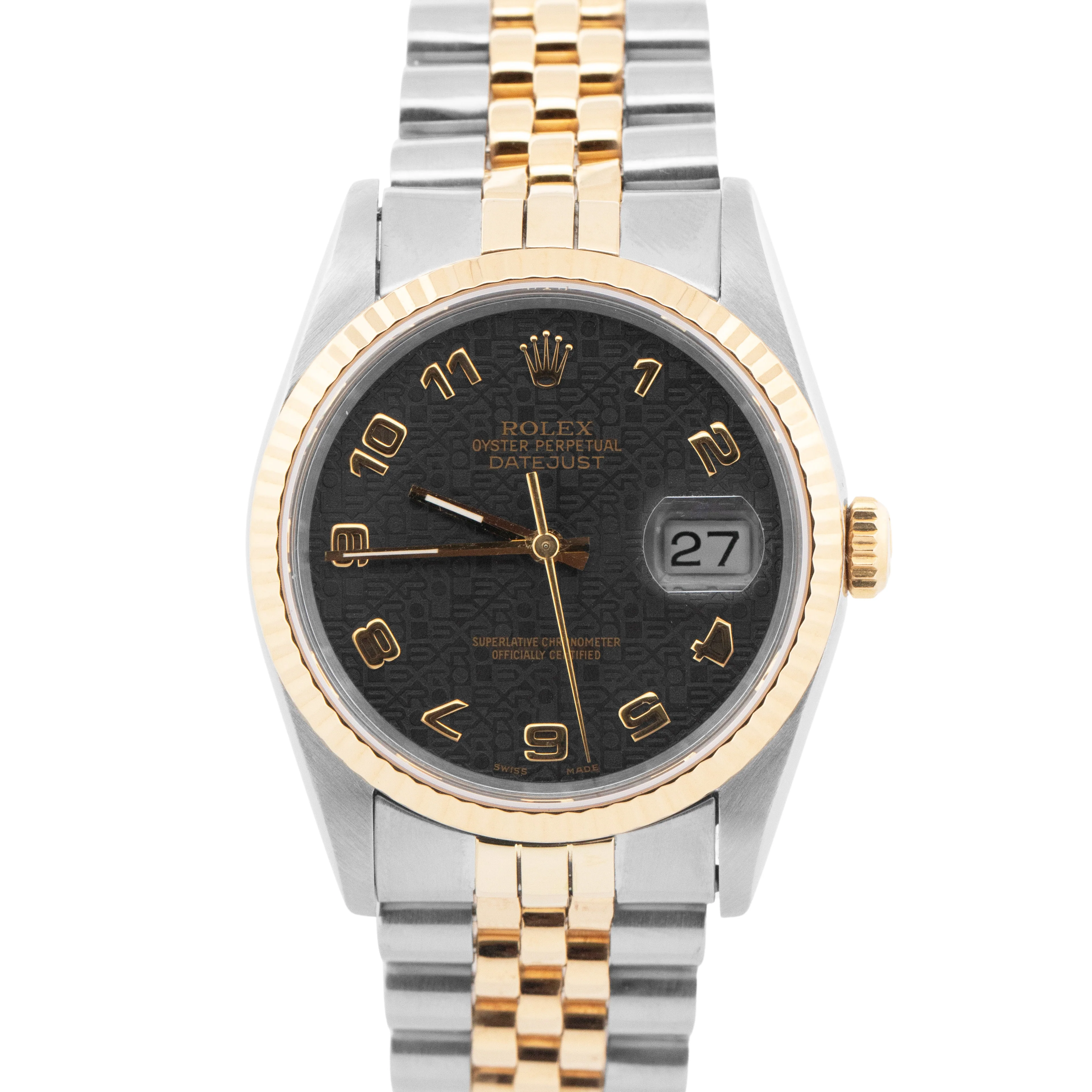 Rolex DateJust 36mm BLACK Jubilee 18K Yellow Gold JUBILEE Steel 16233 Watch