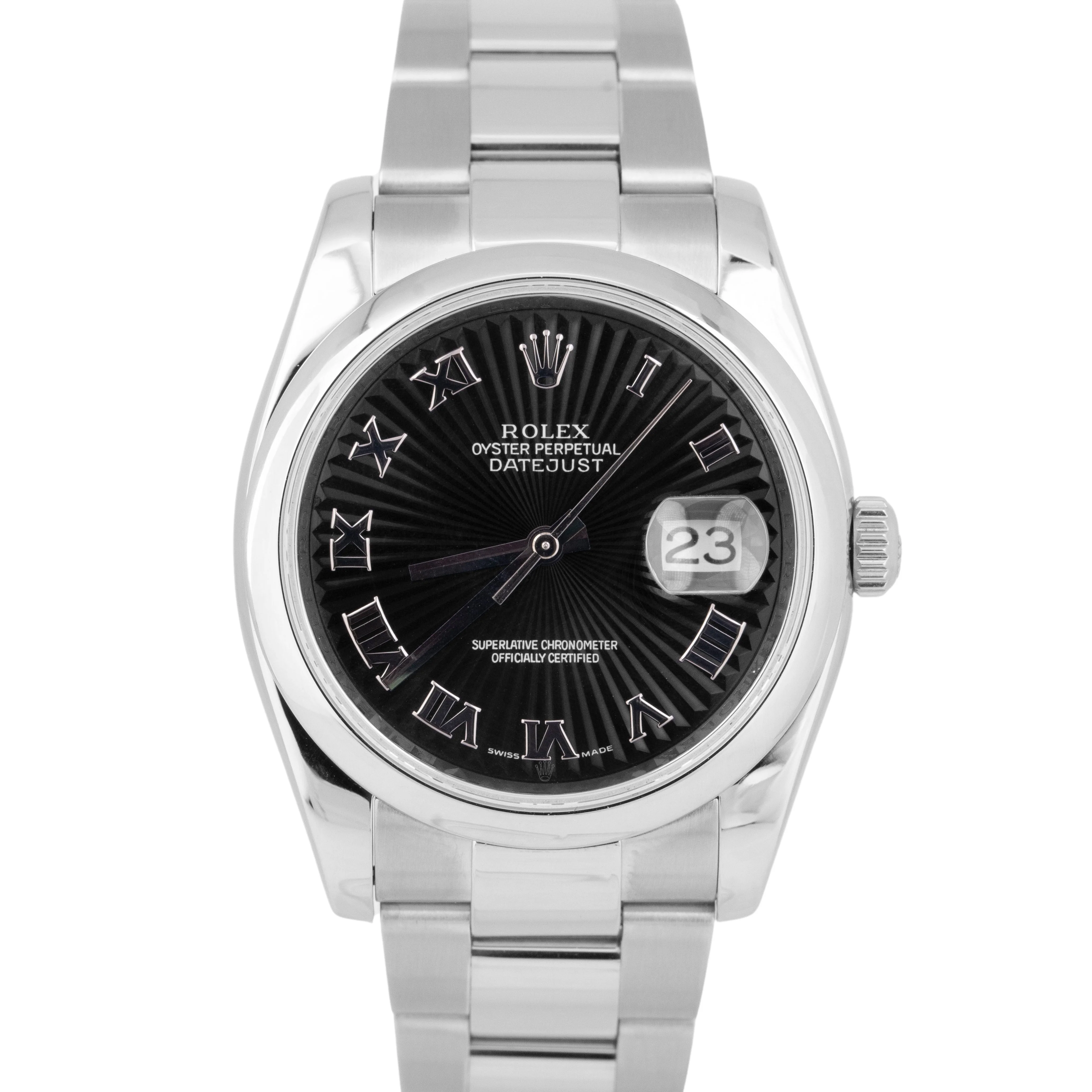 Rolex DateJust 36mm BLACK SUNBEAM ROMAN Stainless Steel Oyster Watch 116200