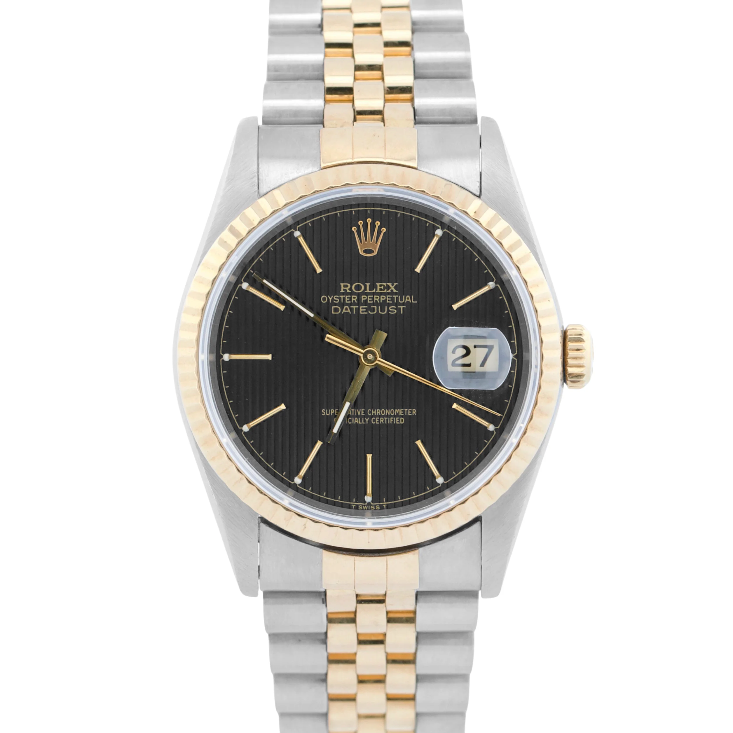 Rolex DateJust 36mm BLACK TAPESTRY 18K Yellow Gold Steel JUBILEE 16233 Watch
