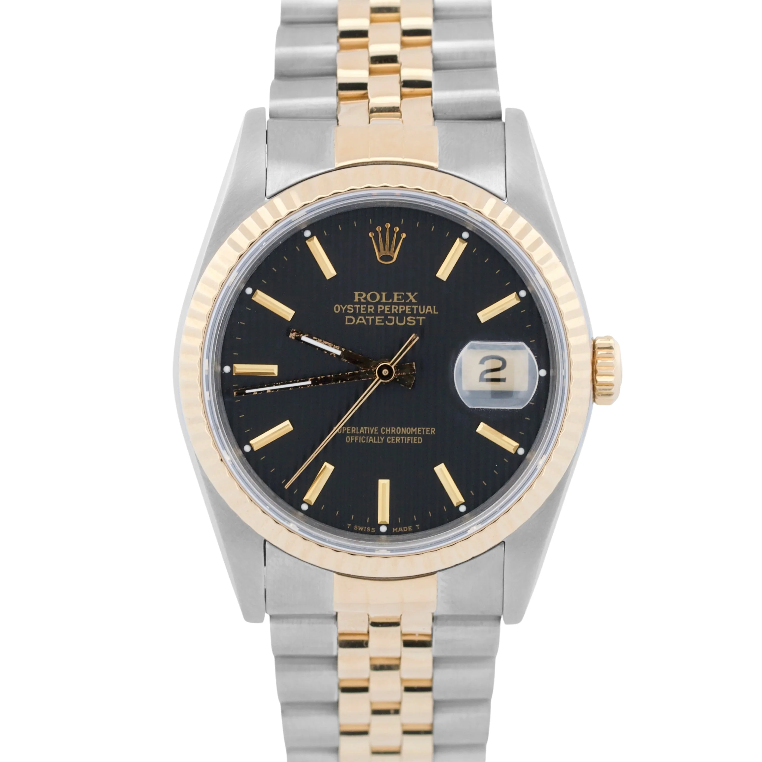 Rolex DateJust 36mm BLACK TAPESTRY 18K Yellow Gold Steel JUBILEE 16233 Watch