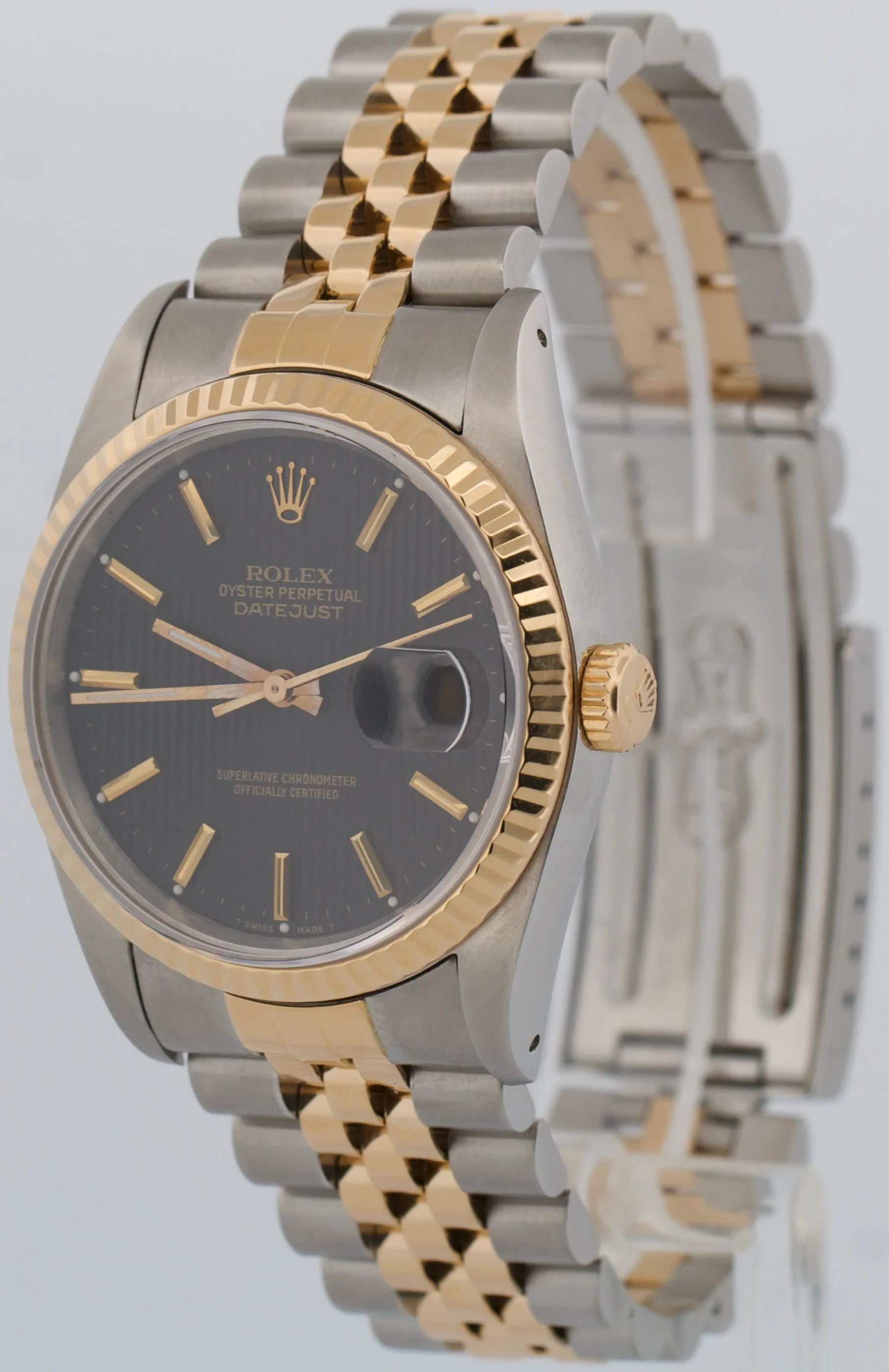 Rolex DateJust 36mm BLACK TAPESTRY 18K Yellow Gold Steel JUBILEE 16233 Watch - Image 3