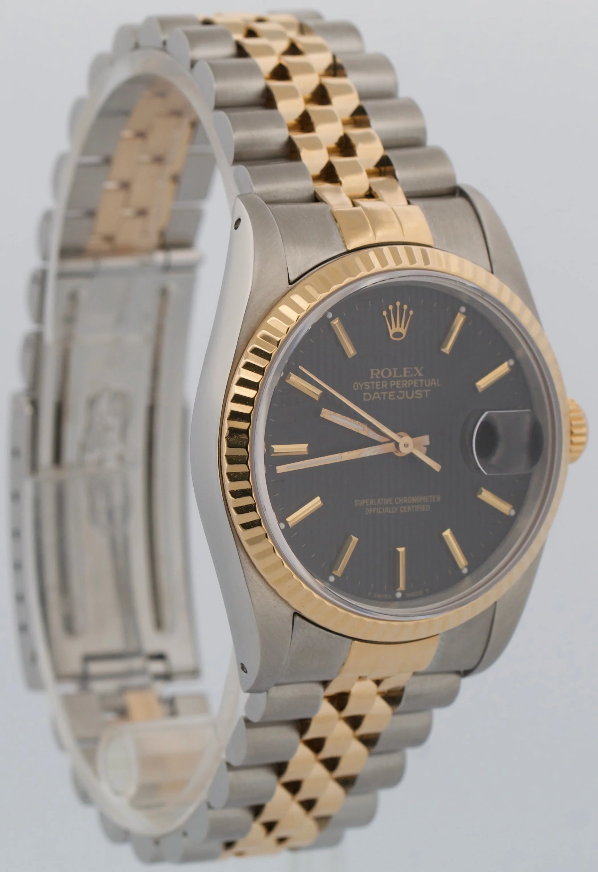 Rolex DateJust 36mm BLACK TAPESTRY 18K Yellow Gold Steel JUBILEE 16233 Watch - Image 4