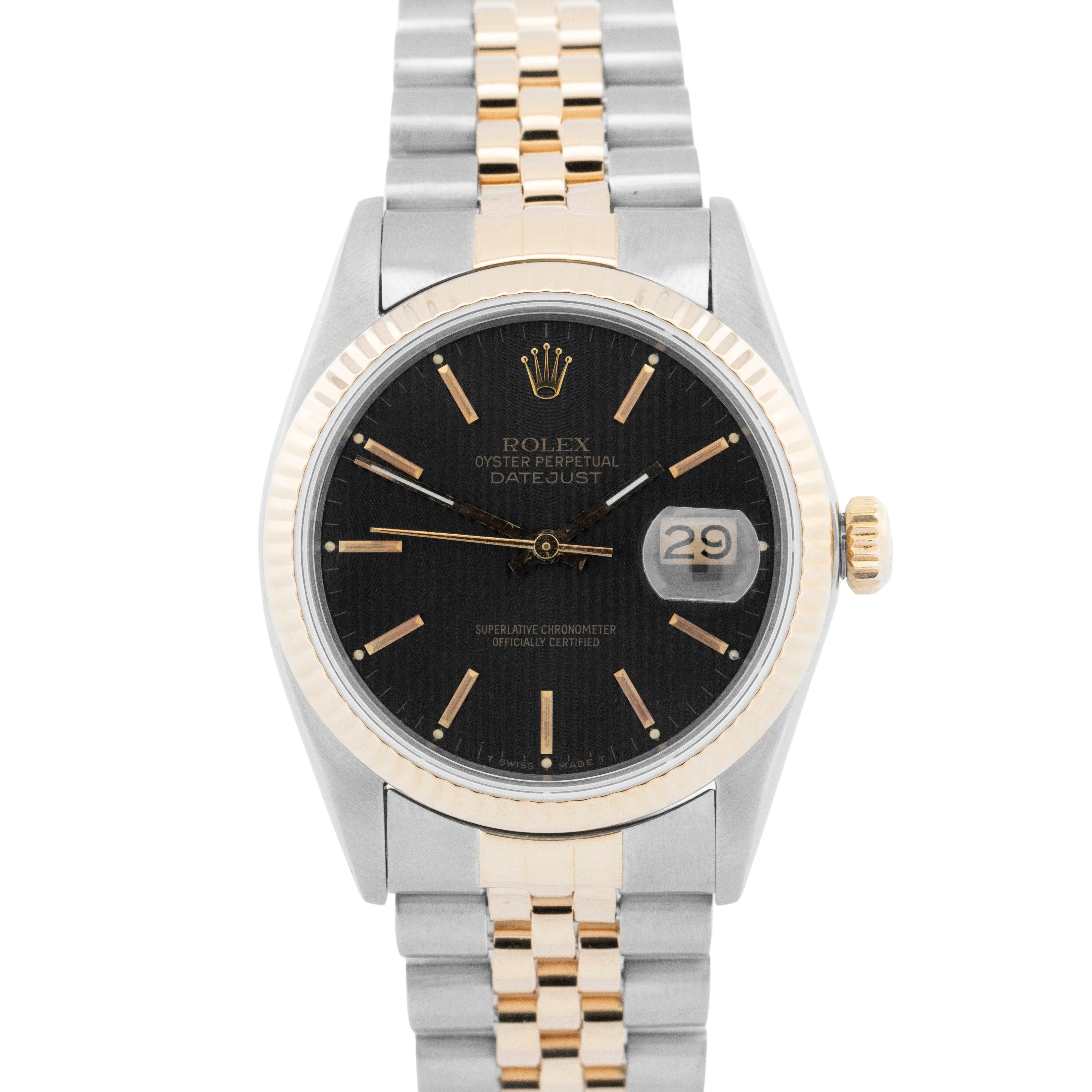 Rolex DateJust 36mm Black Tapestry Two-Tone Jubilee 18K Yellow Gold Watch 16013