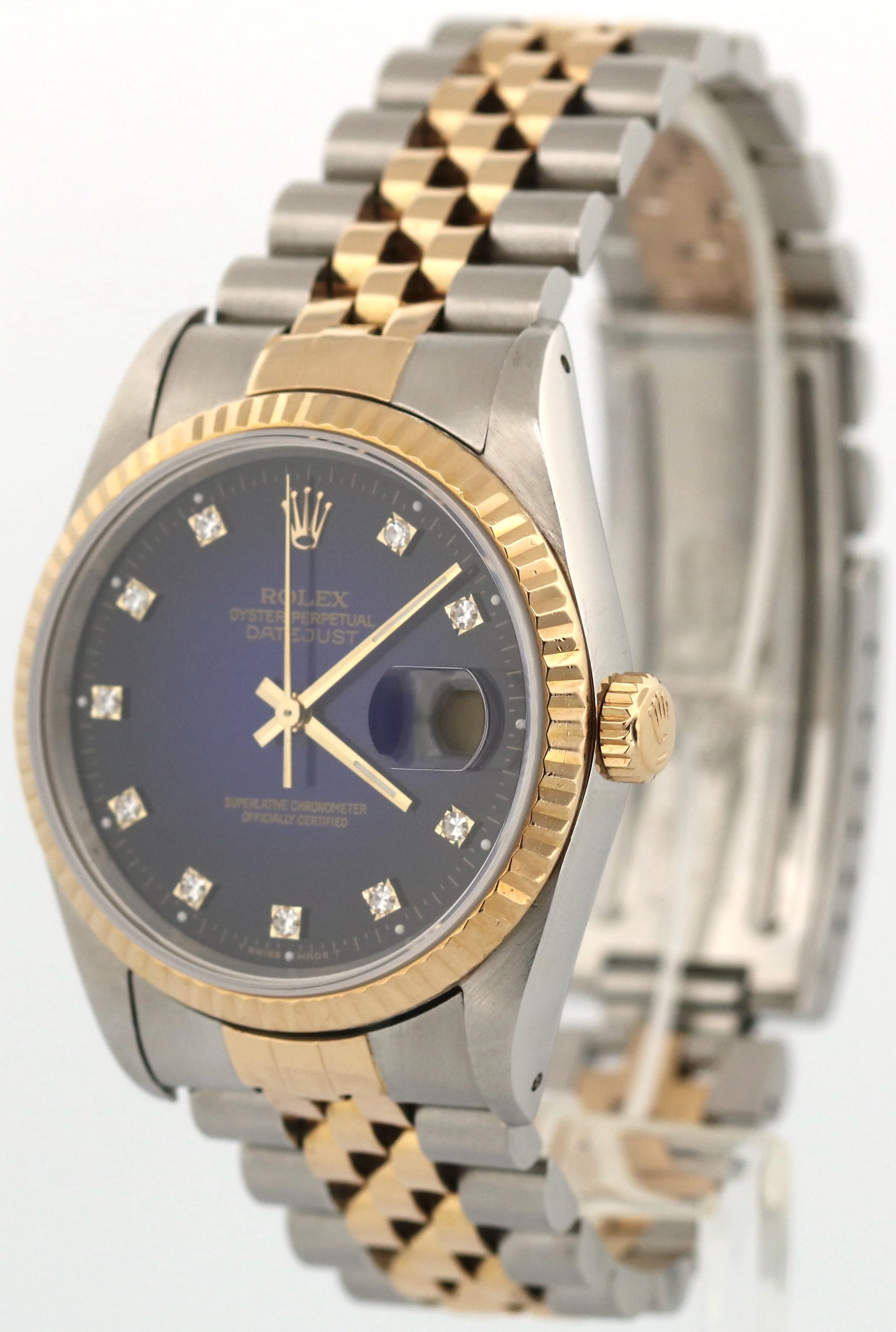 FACTORY Rolex DateJust 36mm BLUE DIAMOND VIGNETTE 18K Gold Steel JUBILEE 16233 - Image 3