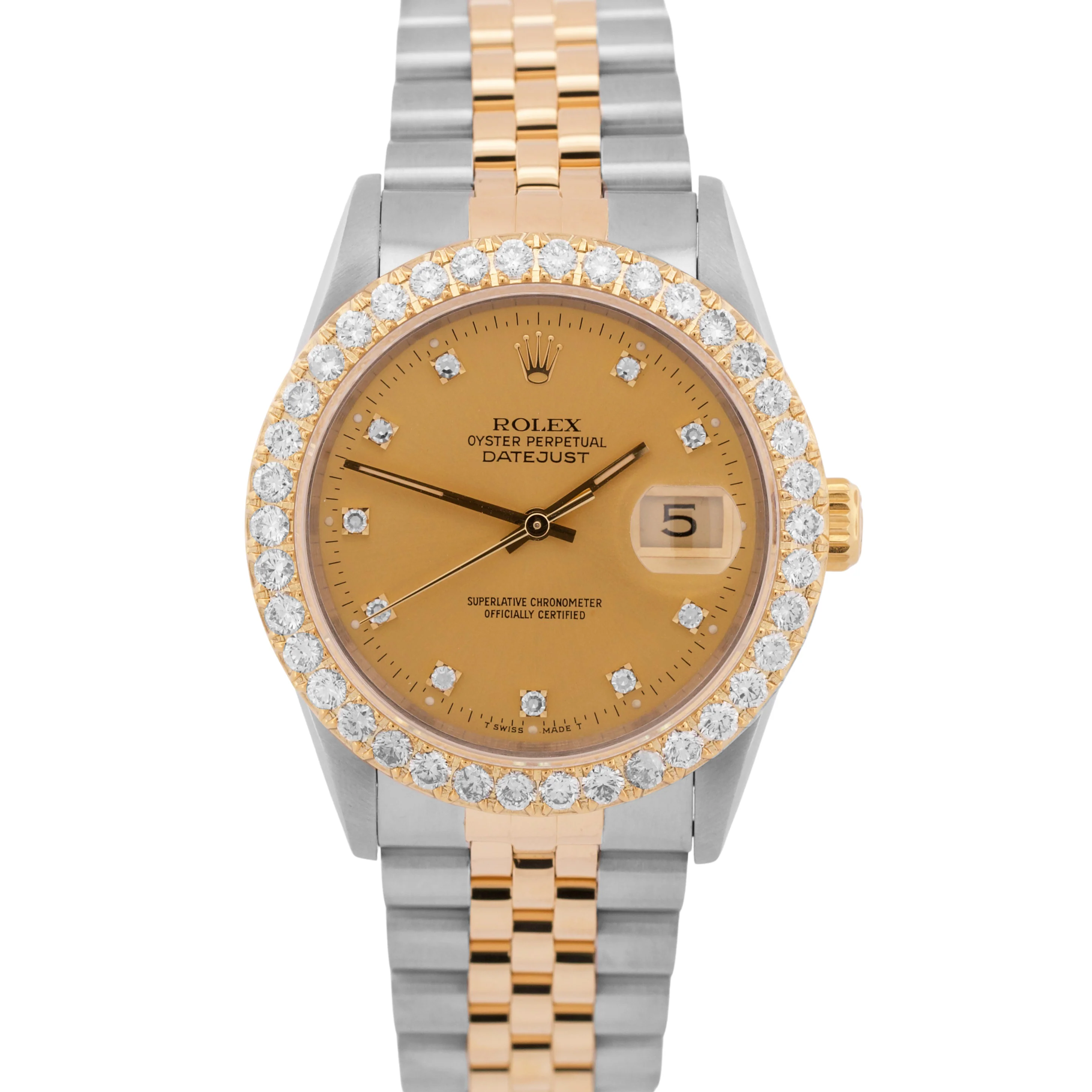 Rolex DateJust 36mm CHAMPAGNE DIAMOND 18K Yellow Gold Steel JUBILEE Watch 16233