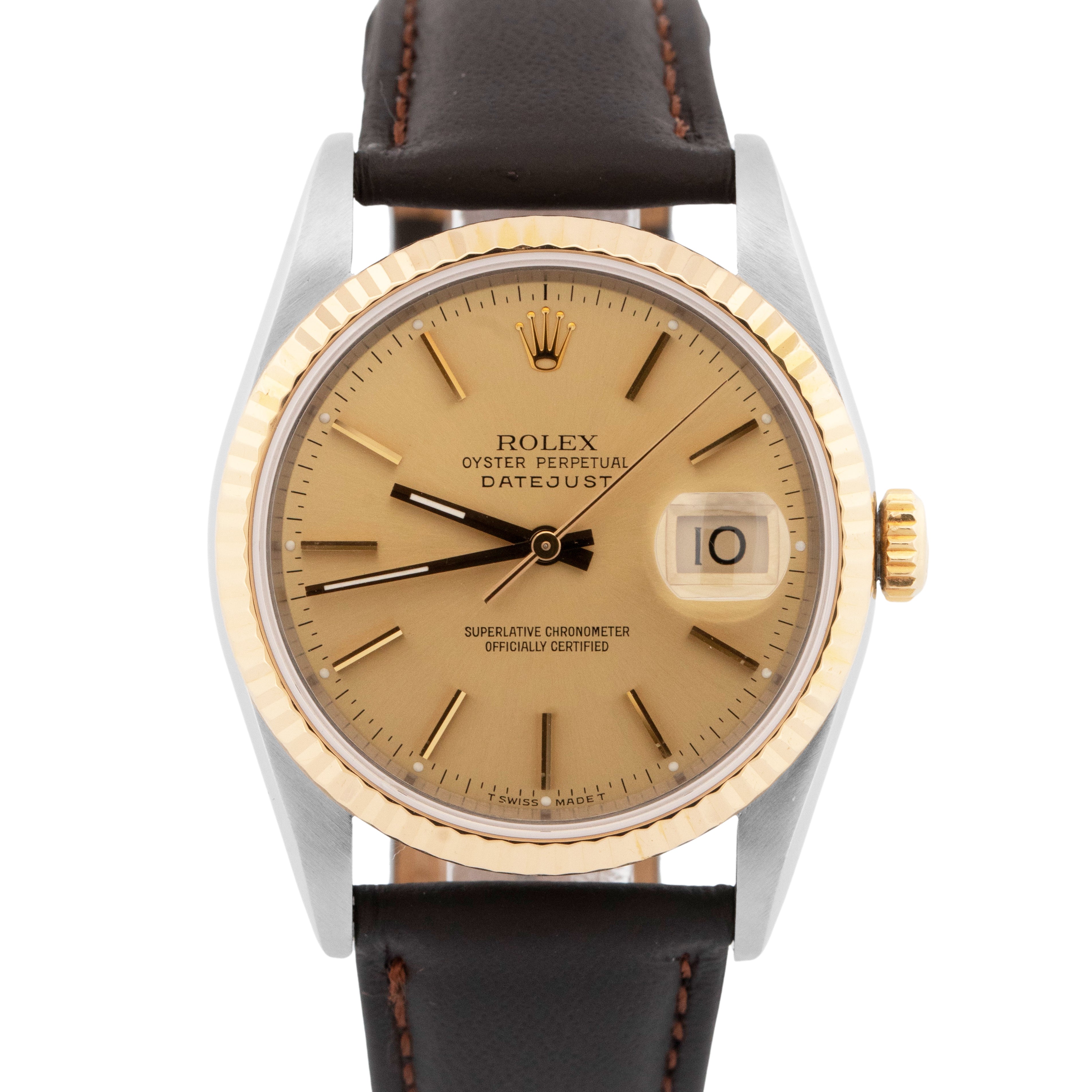 Rolex DateJust 36mm Champagne Two-Tone 18K Yellow Gold Fluted Steel 16233 Watch