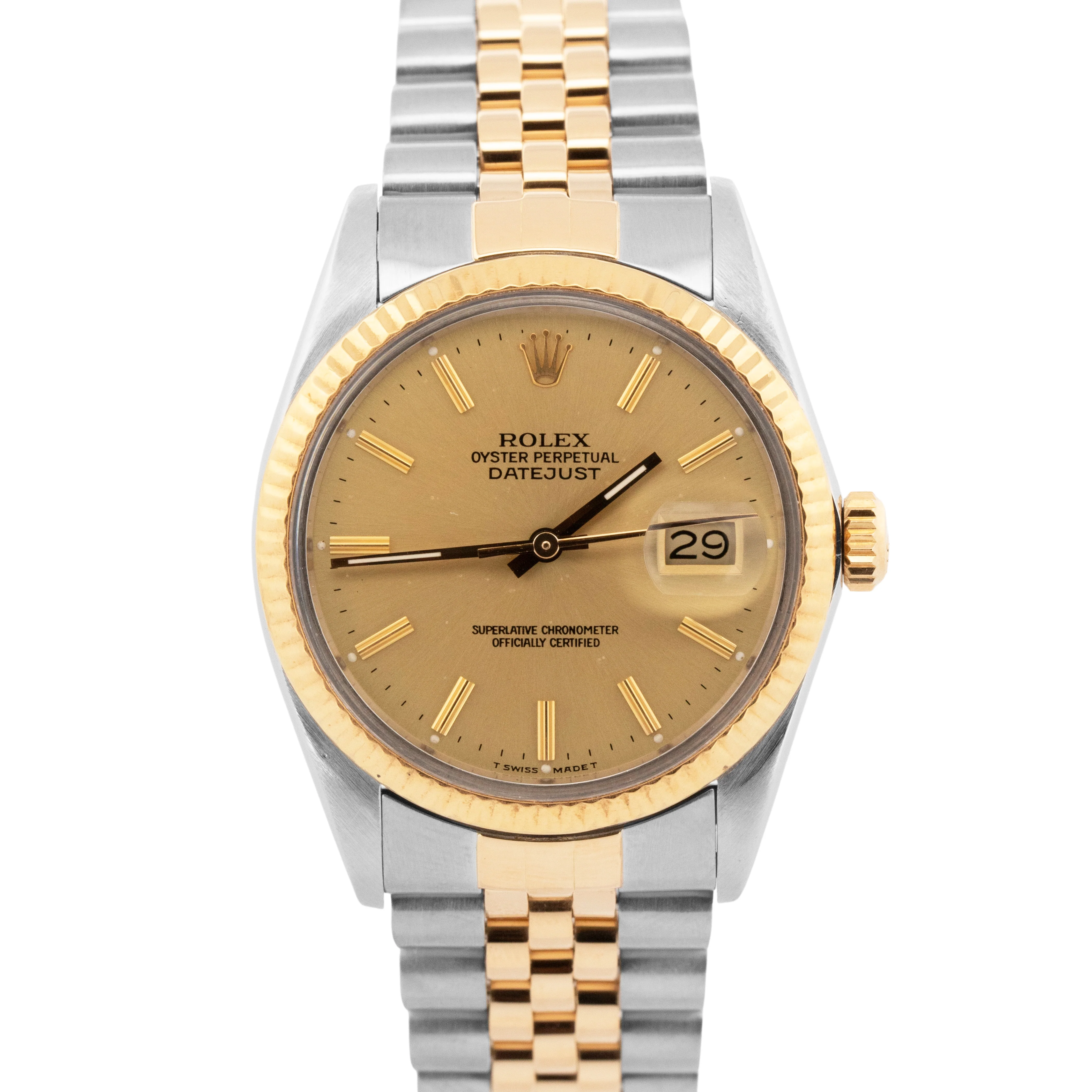 Rolex DateJust 36mm Champagne Two-Tone Jubilee 18K Yellow Gold Steel Watch 16013